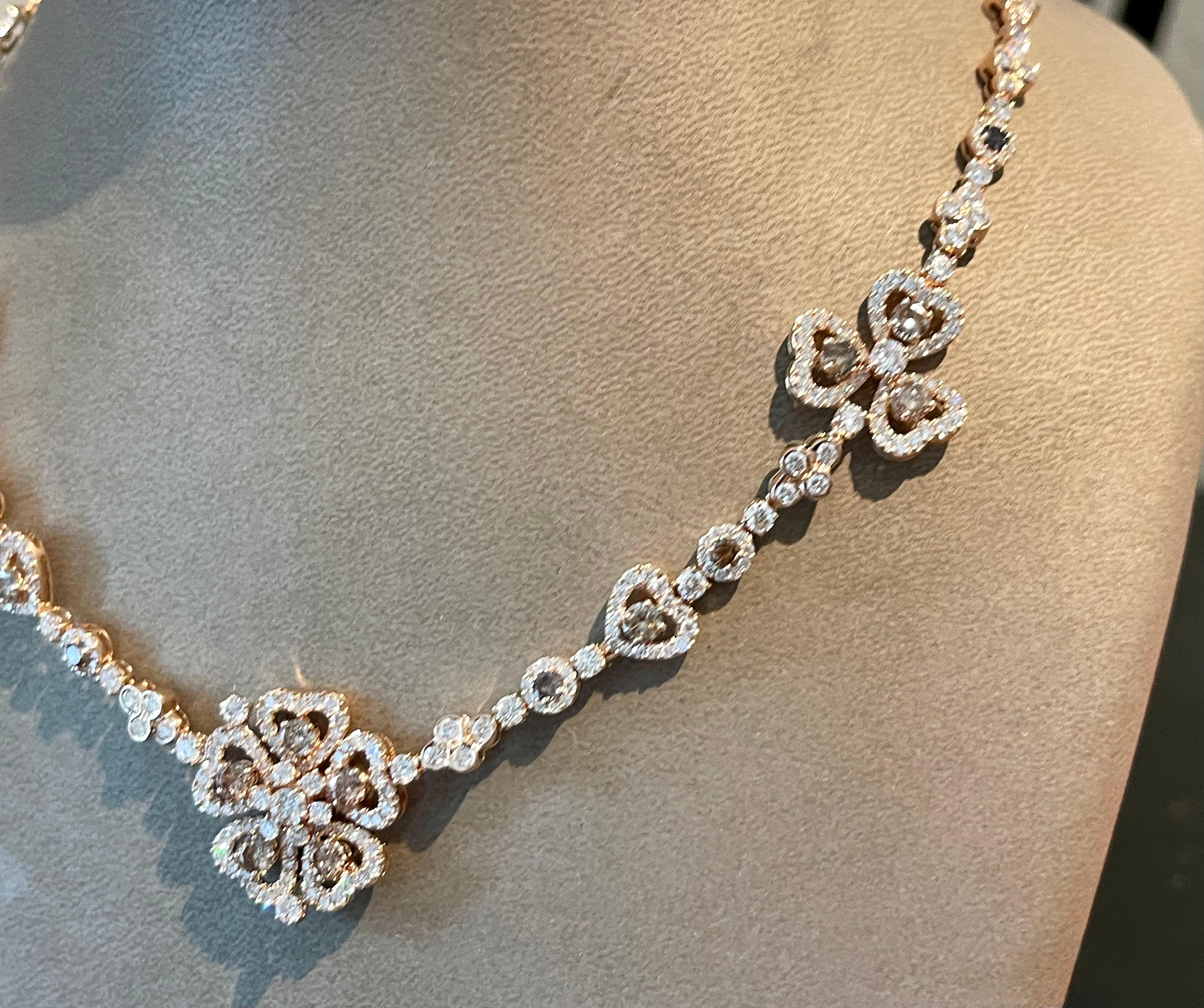 Exquisite 18 K rose Gold Flower style Necklace Champagne and white  Diamonds For Sale 4