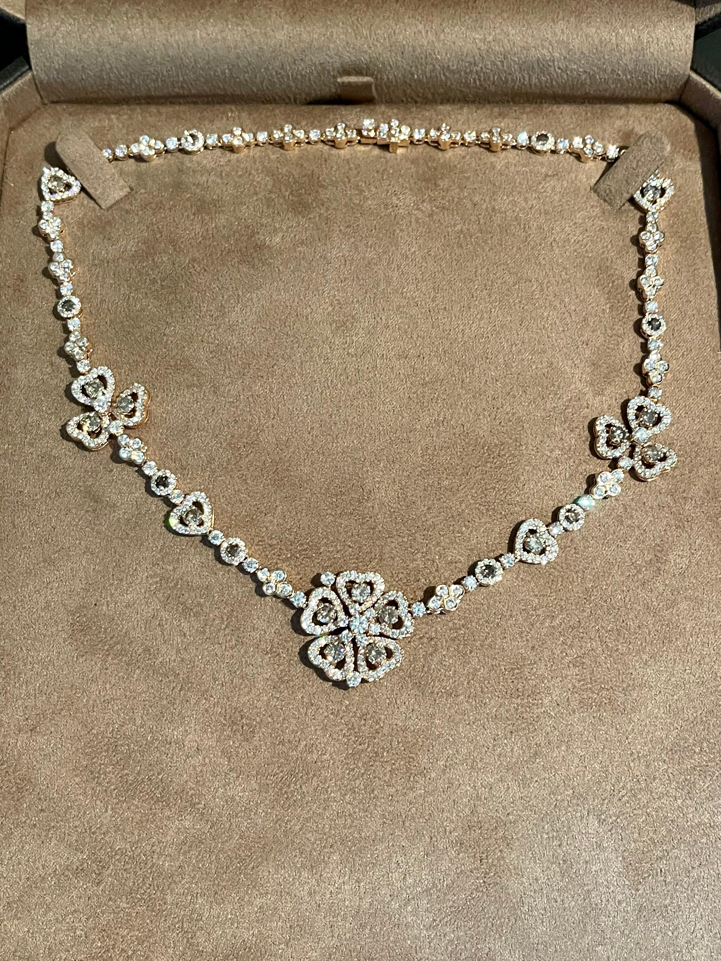 Exquisite 18 K rose Gold Flower style Necklace Champagne and white  Diamonds For Sale 5