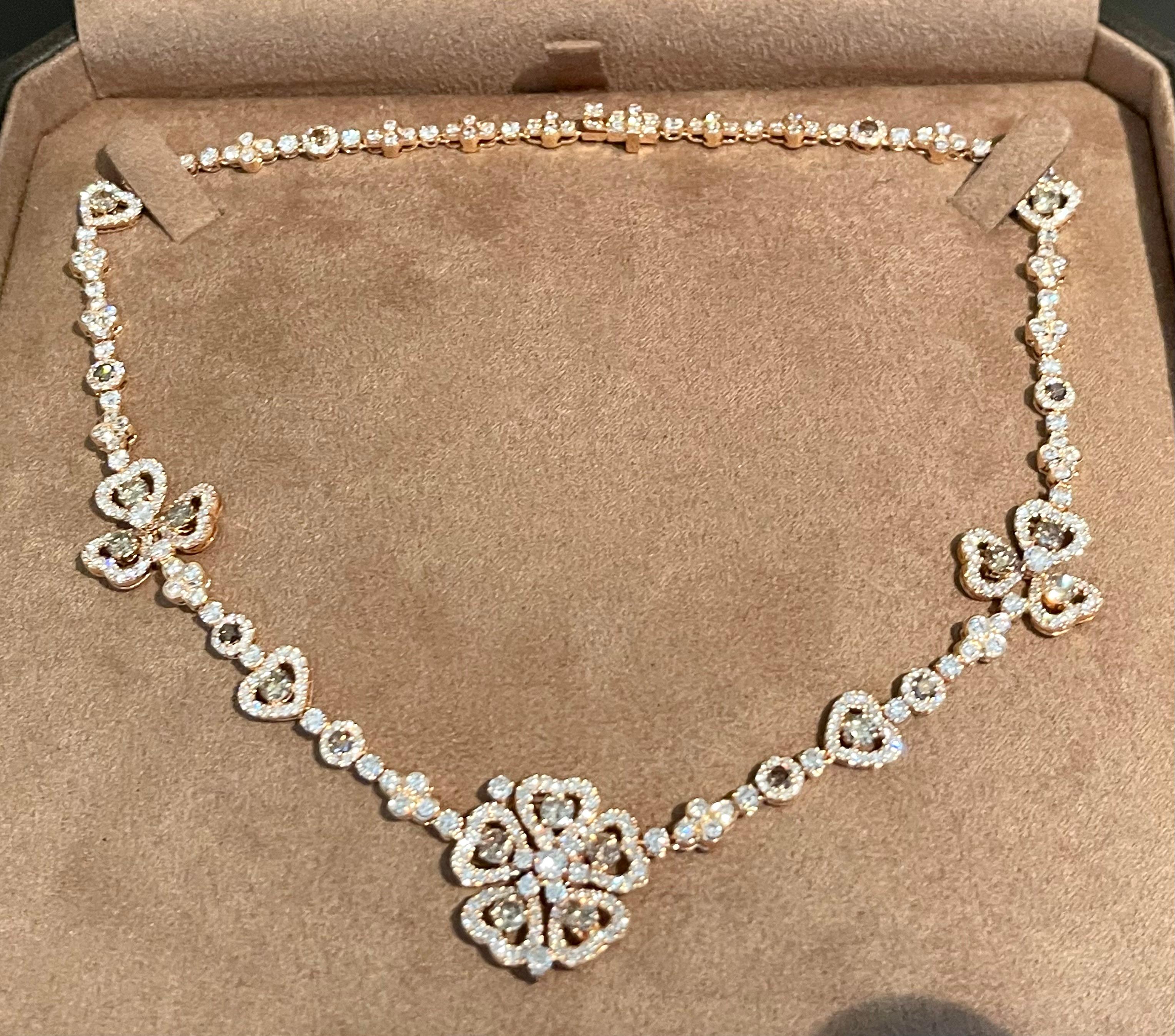 Exquisite 18 K rose Gold Flower style Necklace Champagne and white  Diamonds For Sale 6