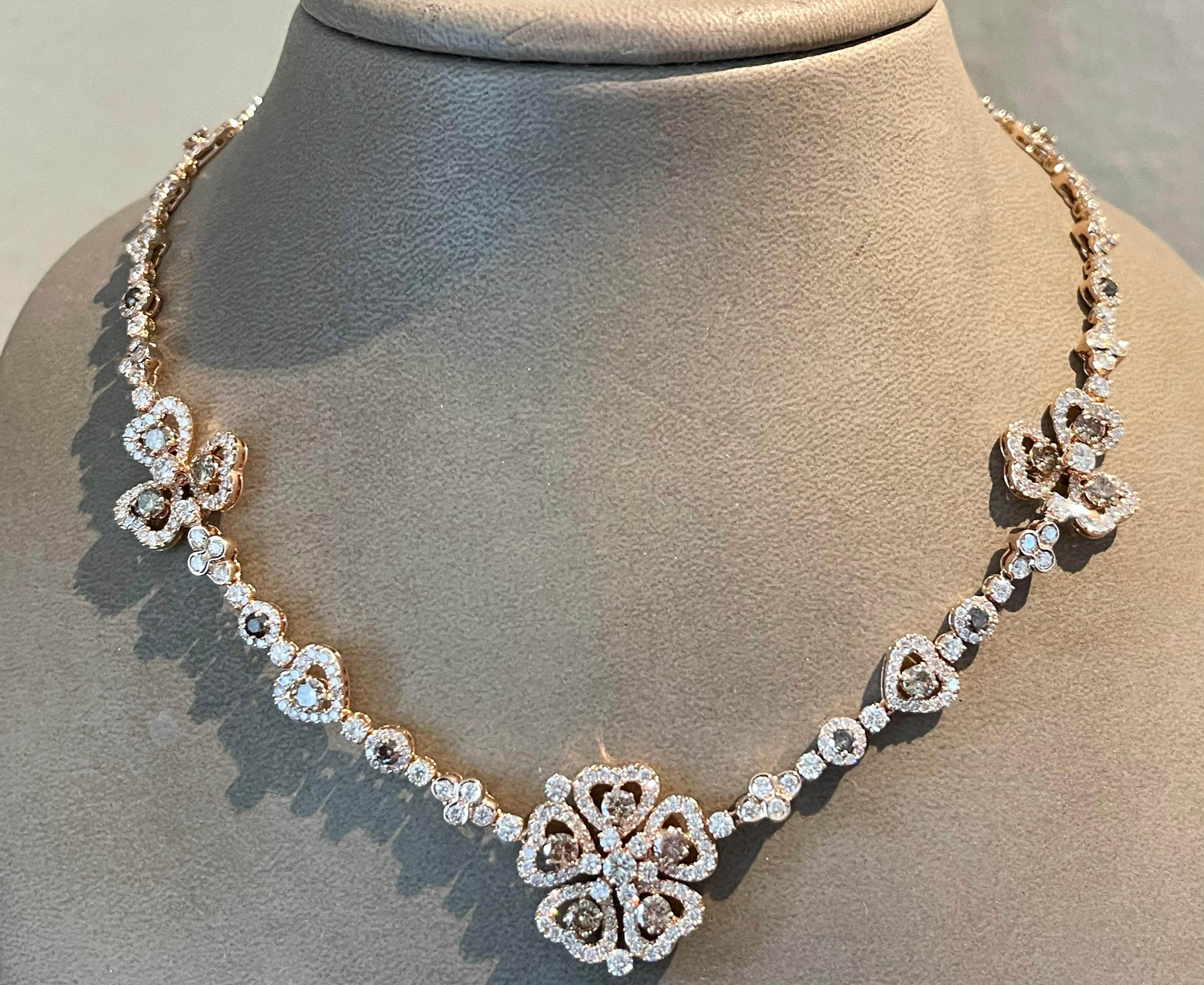 Exquisite 18 K rose Gold Flower style Necklace Champagne and white  Diamonds For Sale 3