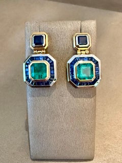 Superbes boucles d'oreilles en or jaune et blanc 18 carats, ornées d'émeraudes et de saphirs, Seiler Basel