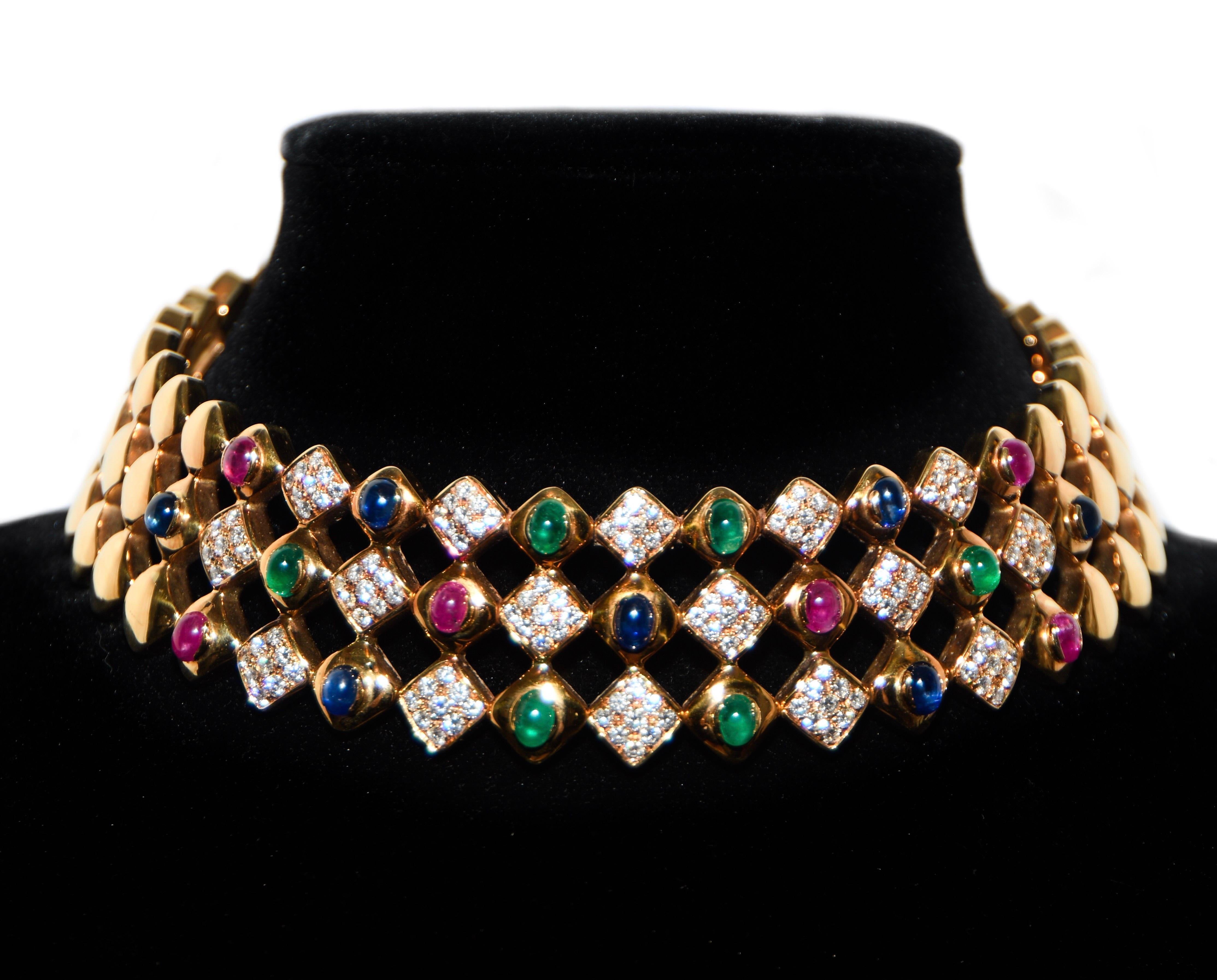 Women's Exquisite 18 Karat Flexible Diamond Emerald Sapphire and Ruby Collar For Sale