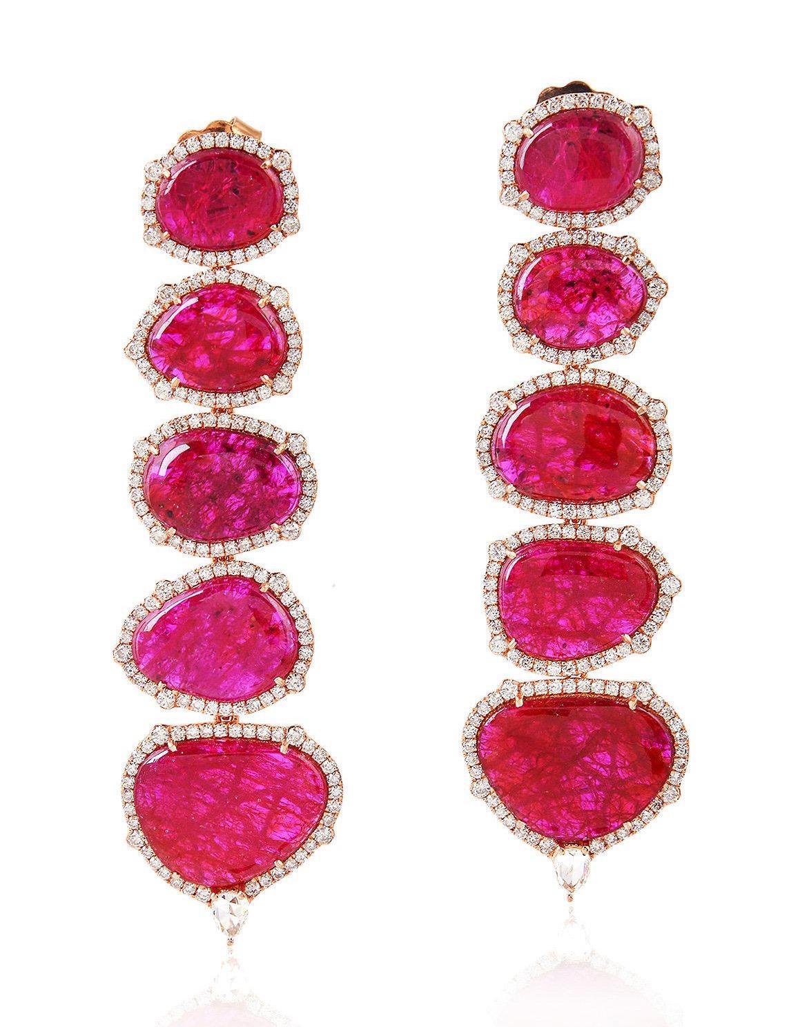 Cabochon 29.98 Carat Ruby Diamond 18 Karat Gold Earrings For Sale