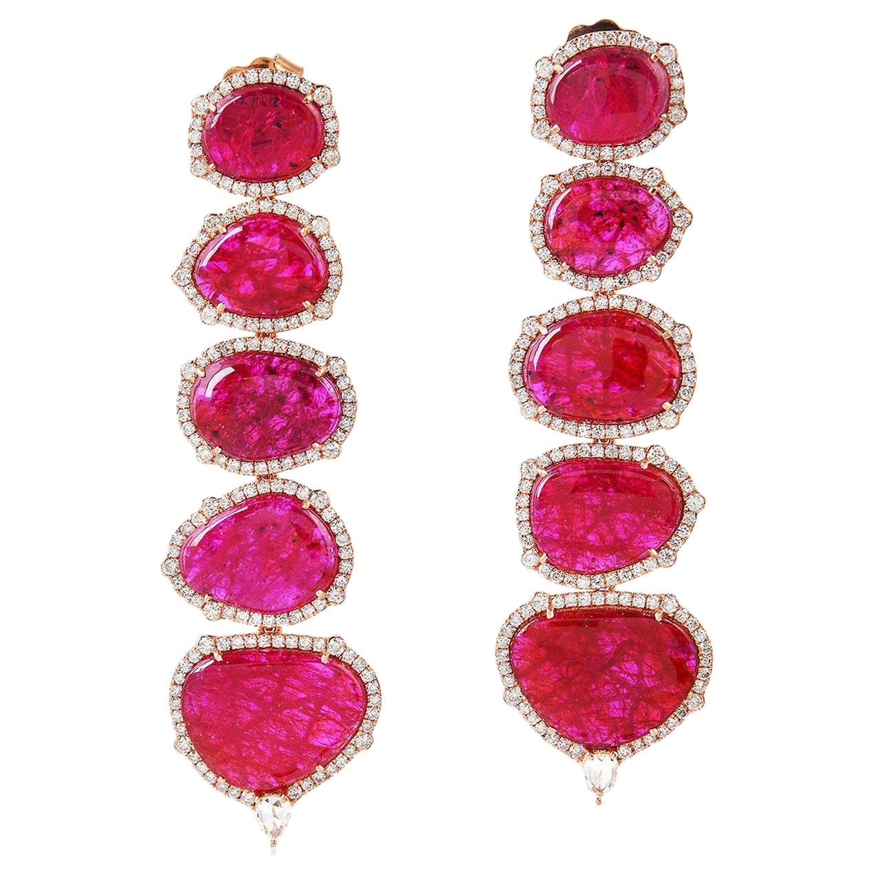 29.98 Carat Ruby Diamond 18 Karat Gold Earrings For Sale