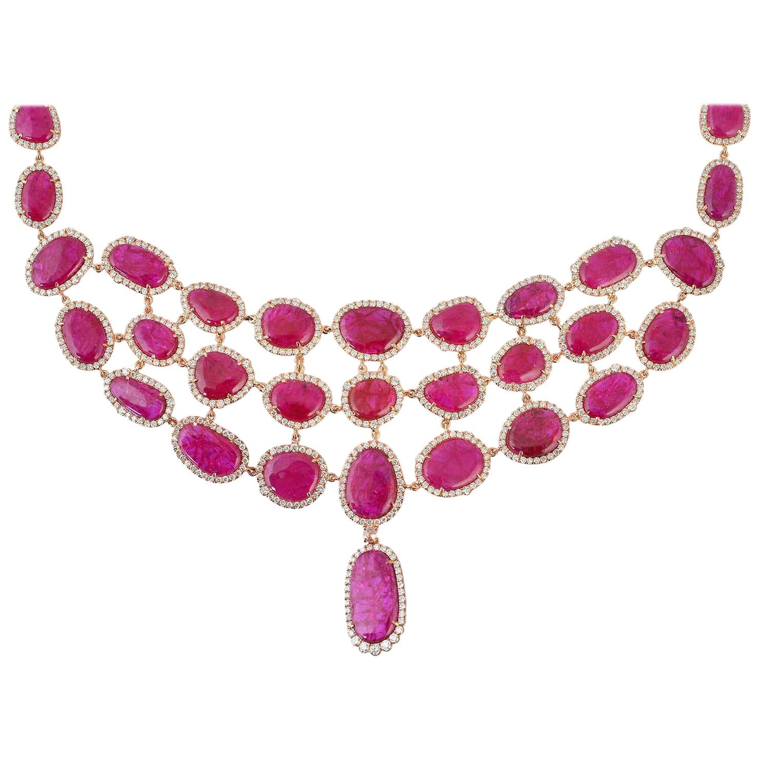 59.59 Carat Ruby Diamond 14 Karat Gold Choker Necklace
