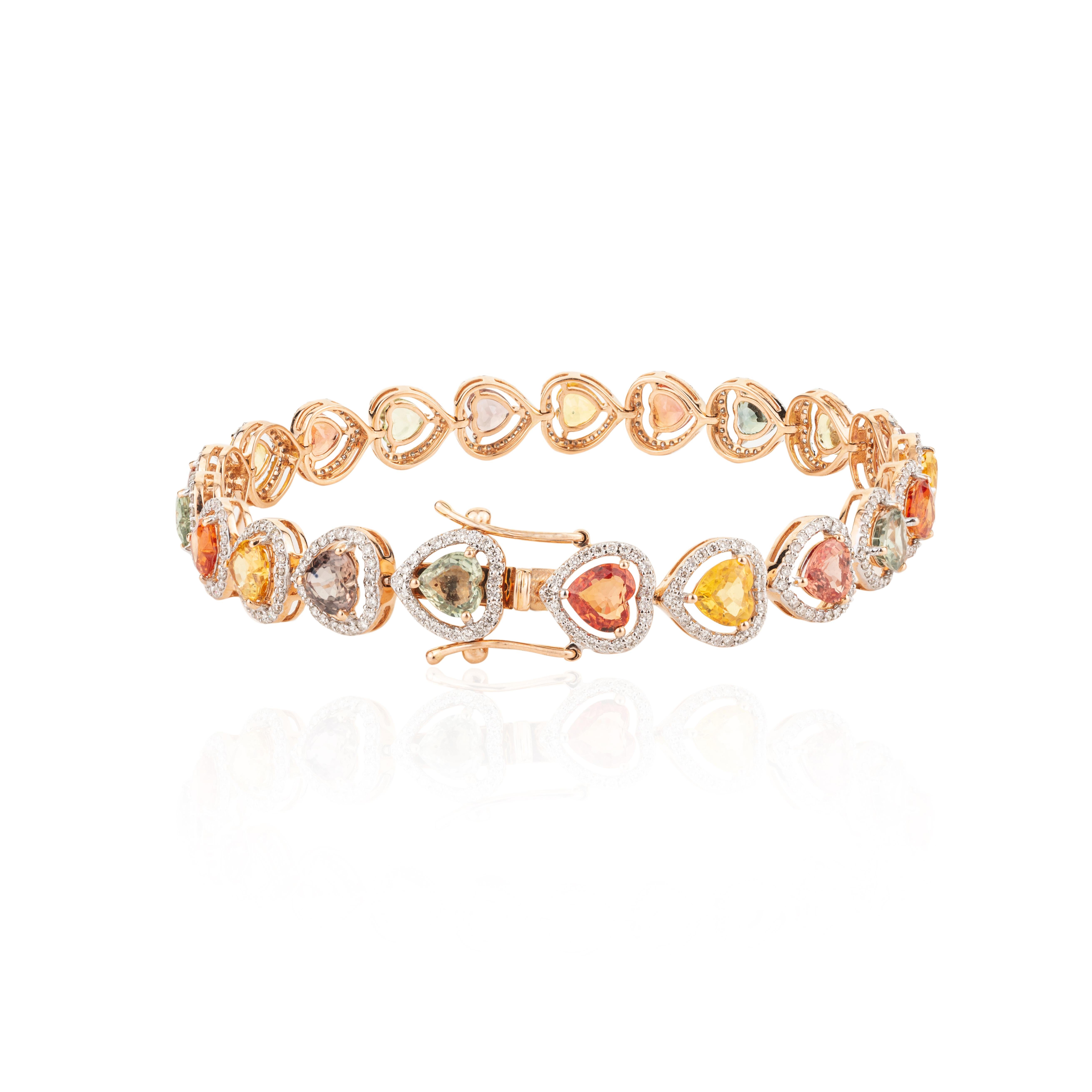 Bracelet en or rose 18 carats avec halo de plusieurs saphirs en forme de cœur de 11,64 carats Neuf - En vente à Houston, TX