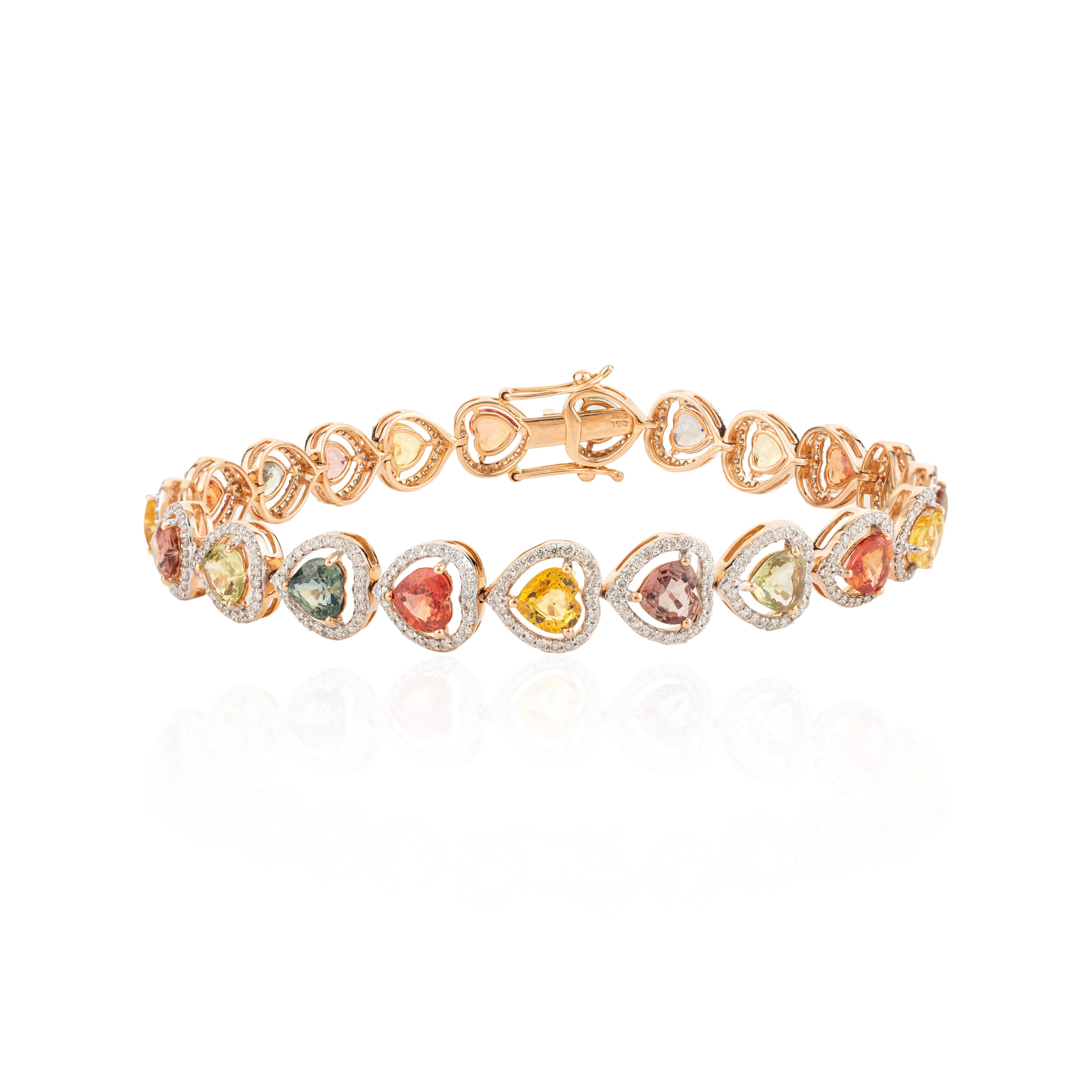 18 Karat Rose Gold 11.64 Carat Heart Shape Multi Sapphire Halo Diamond Bracelet For Sale 1