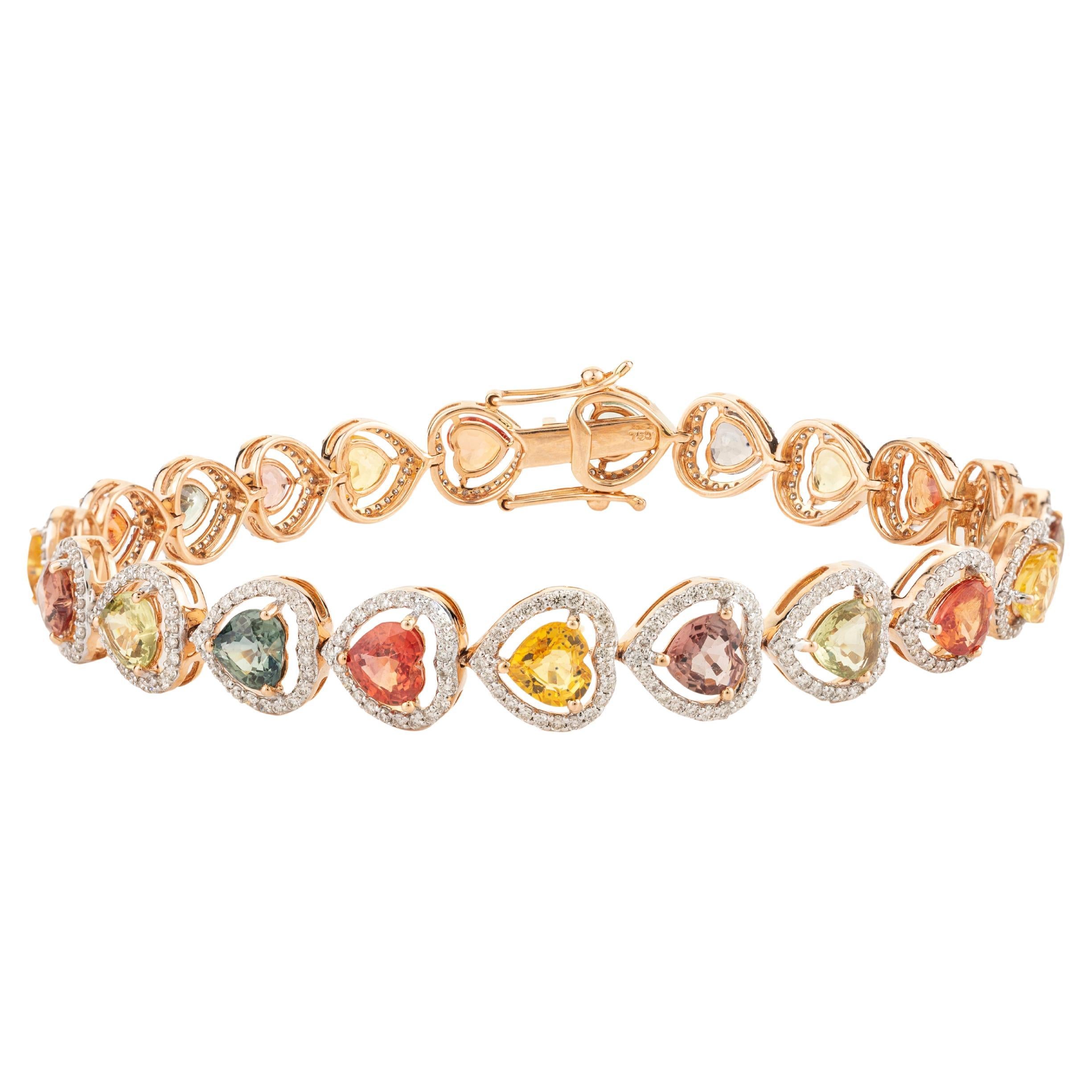 Bracelet en or rose 18 carats avec halo de plusieurs saphirs en forme de cœur de 11,64 carats