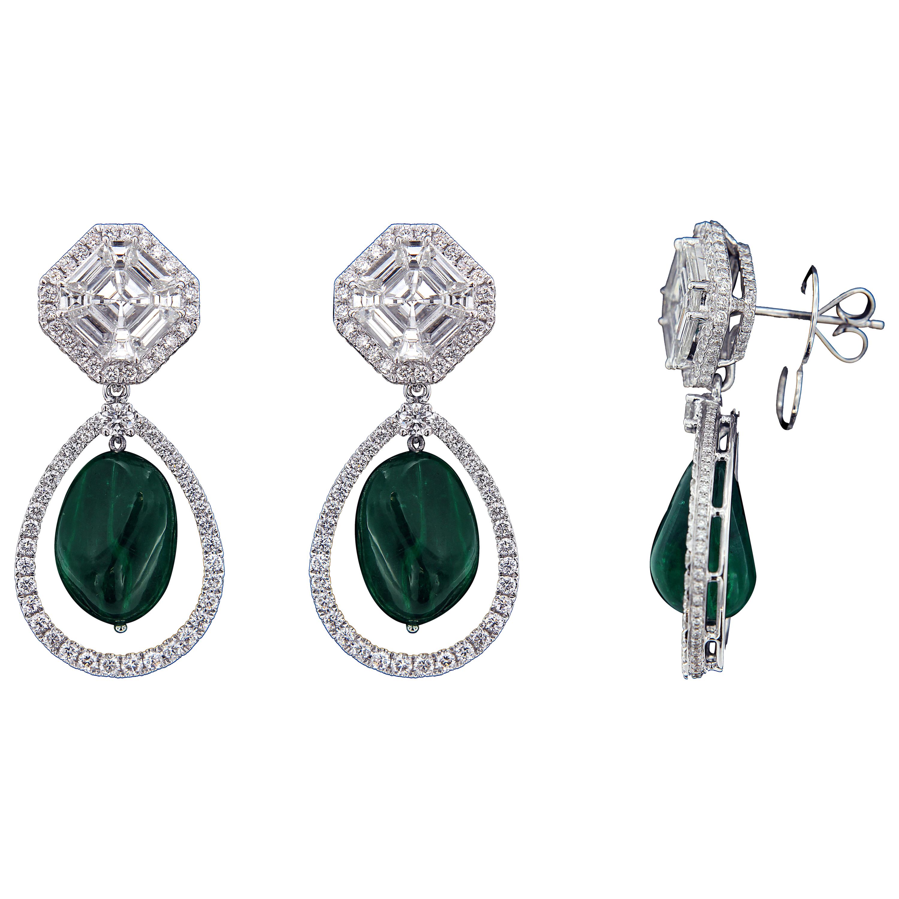 Exquisite 18 karat White Gold, Diamond and Drop Emerald Earring