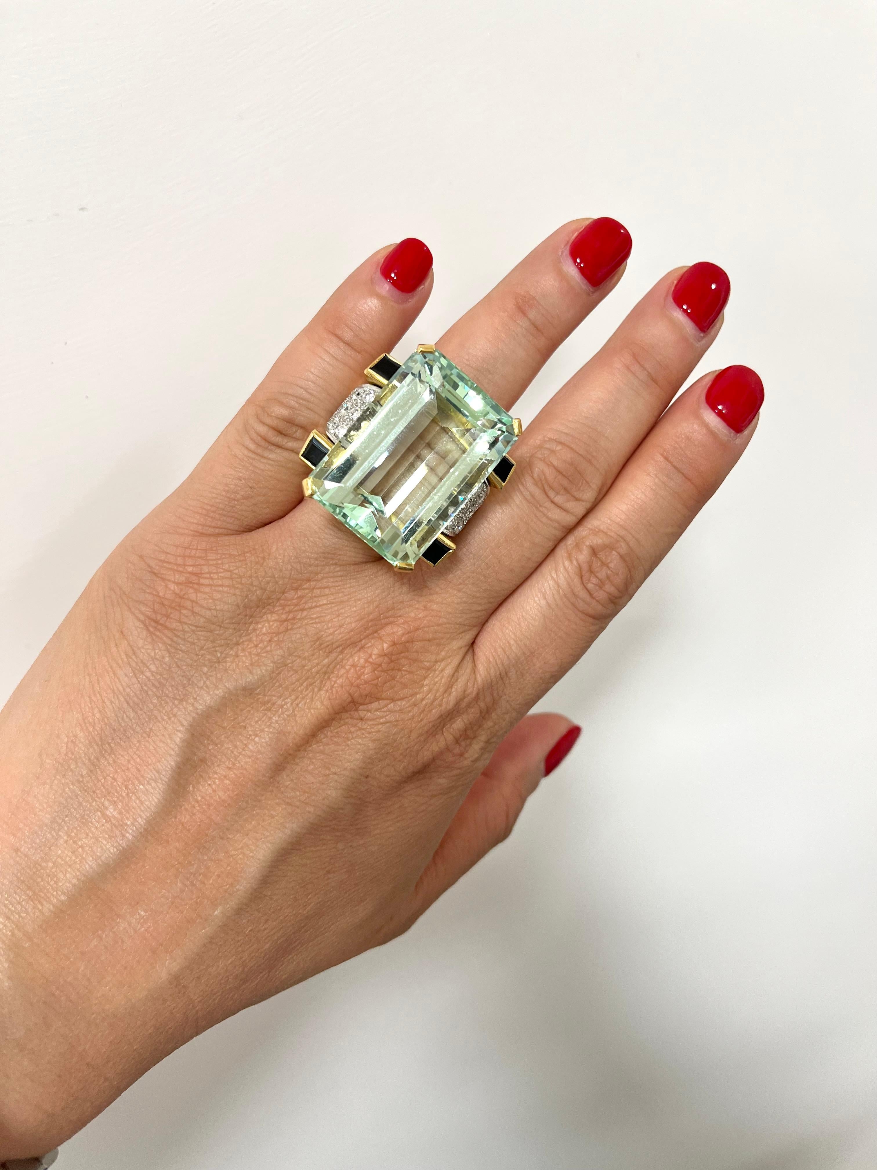 Exquisite 18 Karat Yellow Gold Aquamarine Diamonds Sapphires Cocktail Ring For Sale 2