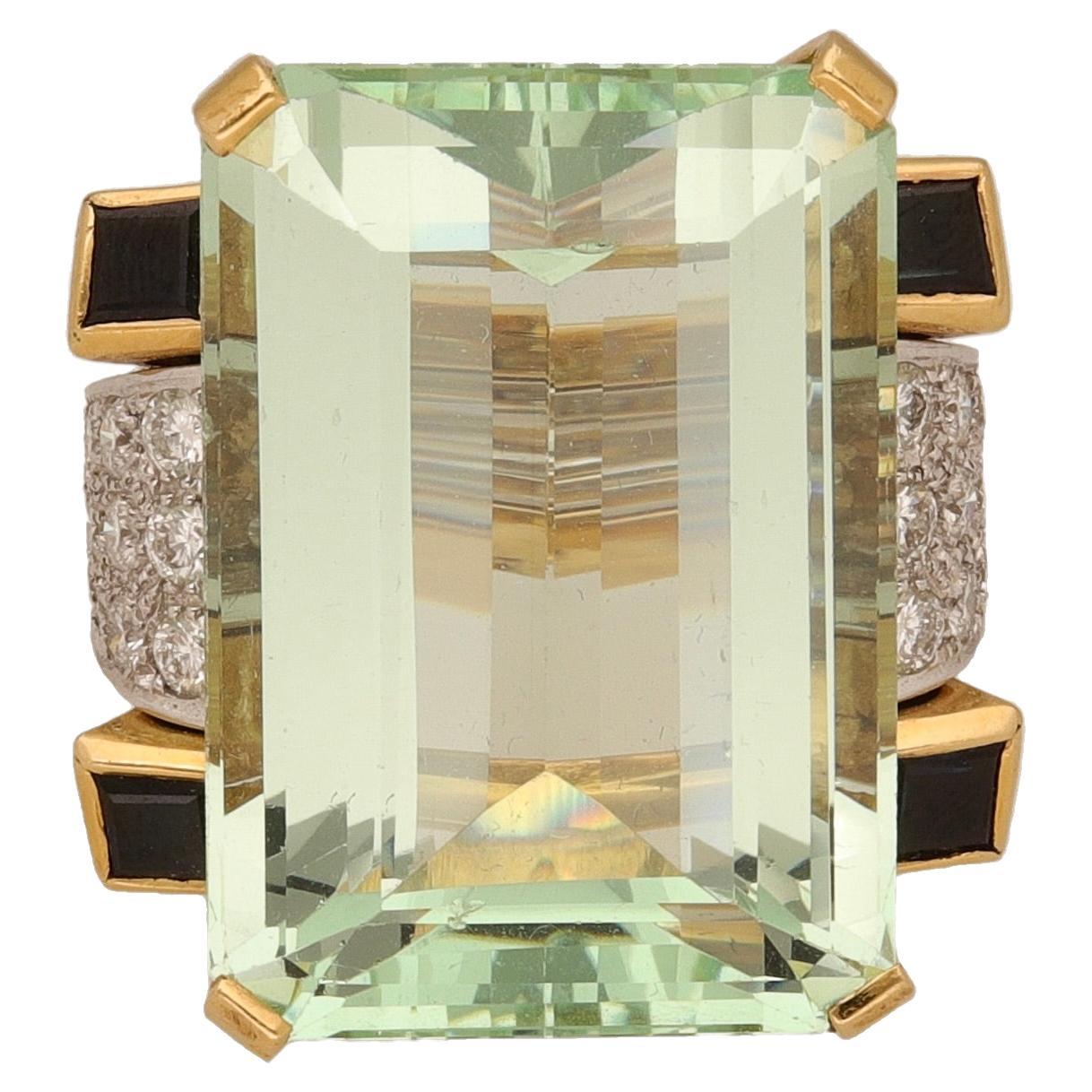 Exquisite 18 Karat Yellow Gold Aquamarine Diamonds Sapphires Cocktail Ring For Sale