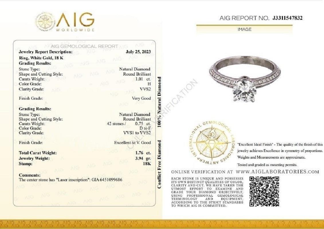 Exquisite 18 kt. Ring aus Weißgold mit 1,76 Karat natürlichem Weißgold  Diamant - GIA-Zertifikat (Rundschliff) im Angebot