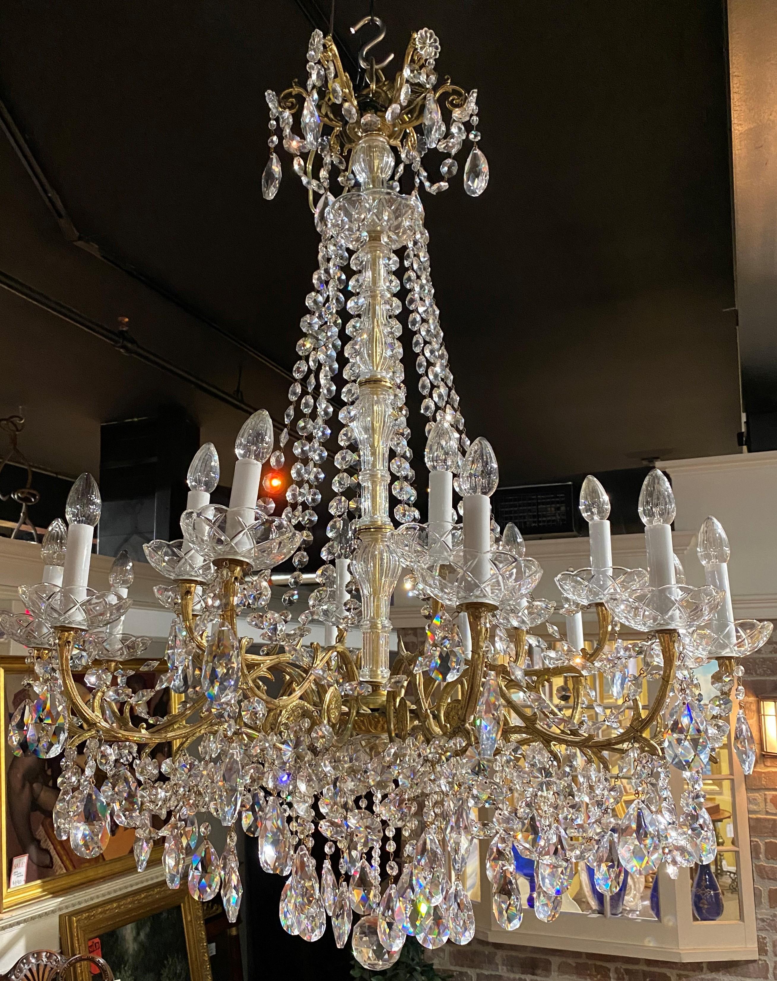 French Provincial Exquisite 18 Light French Style Crystal & Brass Chandelier