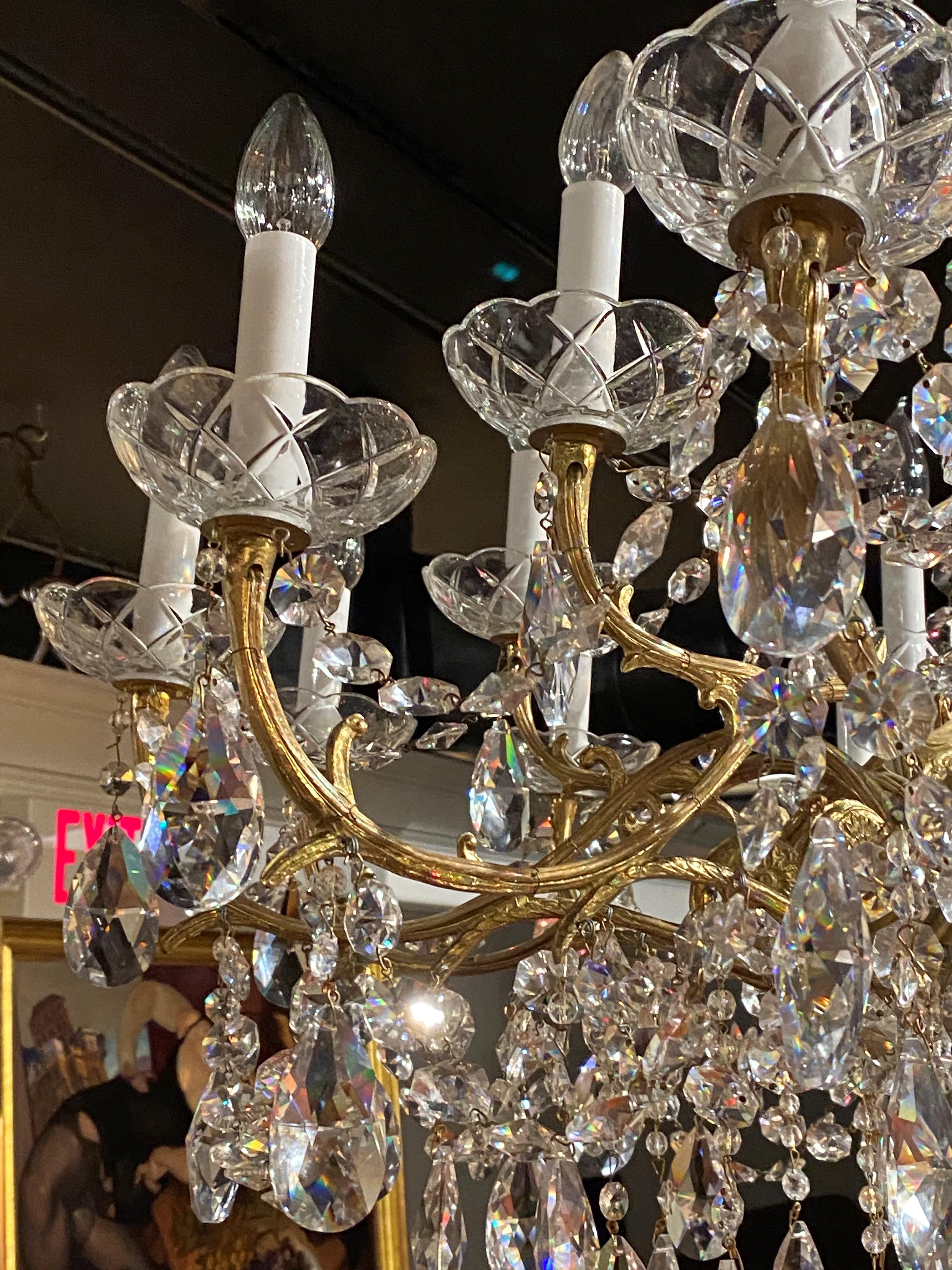Exquisite 18 Light French Style Crystal & Brass Chandelier In Good Condition In Milford, NH