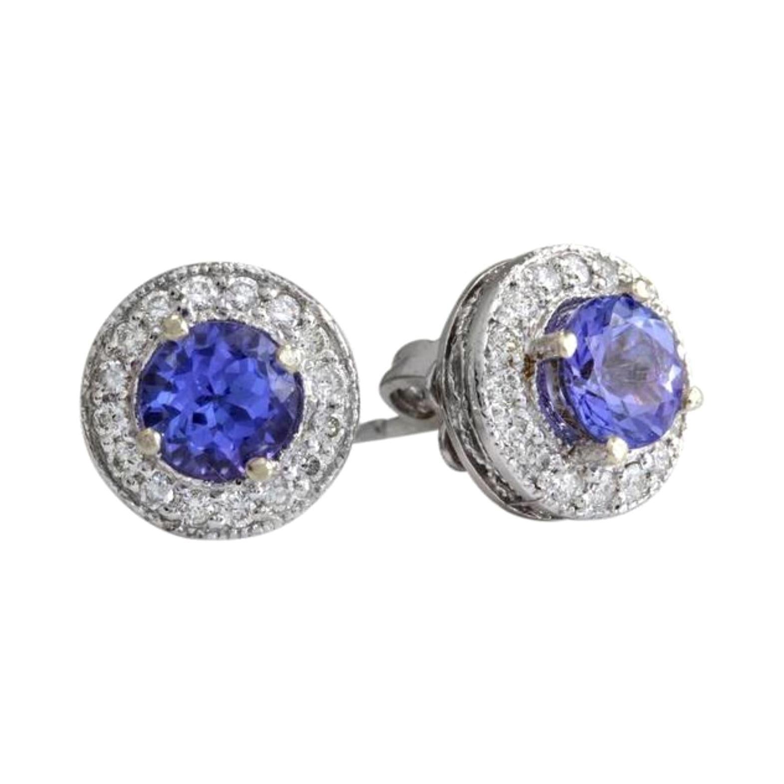 Exquisite 1.80 Carat Natural Tanzanite and Diamond 14K Solid White Gold Stud For Sale