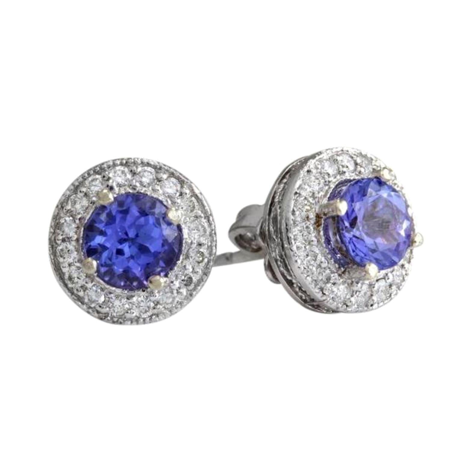 Exquisite 1.80 Carat Natural Tanzanite and Diamond 14K Solid White Gold Stud