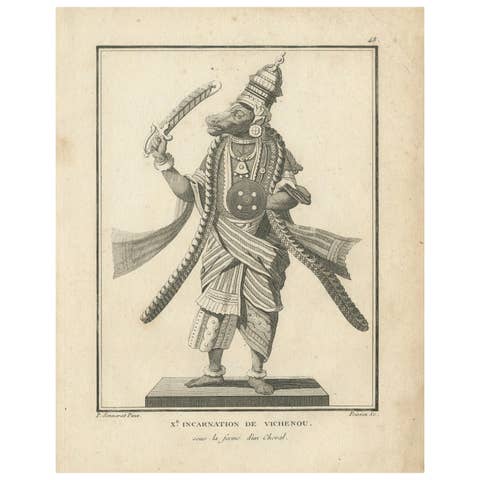 Exquisite 1806 Engraving of Vishnu as Varaha: A Mythic Rescue