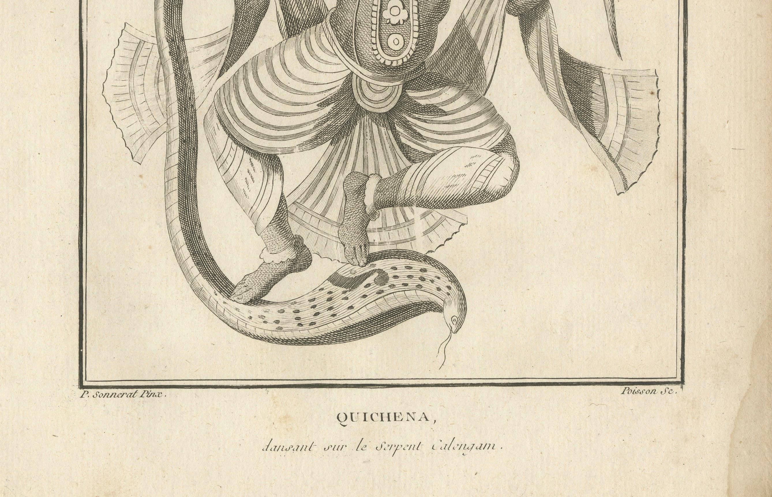 Raro grabado de 1808 sobre el triunfo de Krishna sobre la serpiente Kaliya Grabado en venta