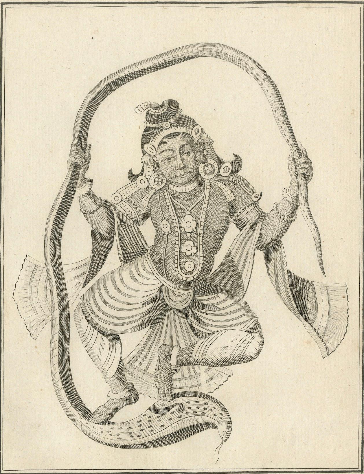 Raro grabado de 1808 sobre el triunfo de Krishna sobre la serpiente Kaliya Papel en venta