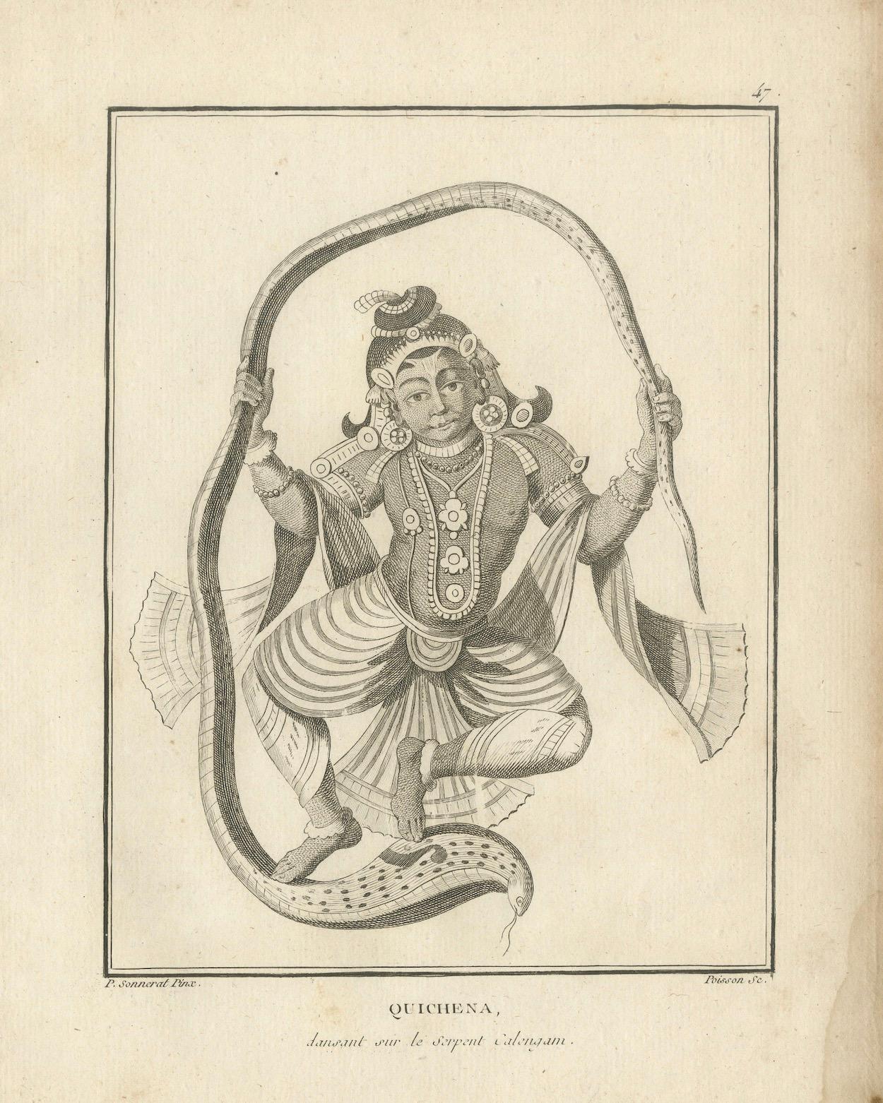 Raro grabado de 1808 sobre el triunfo de Krishna sobre la serpiente Kaliya en venta 1