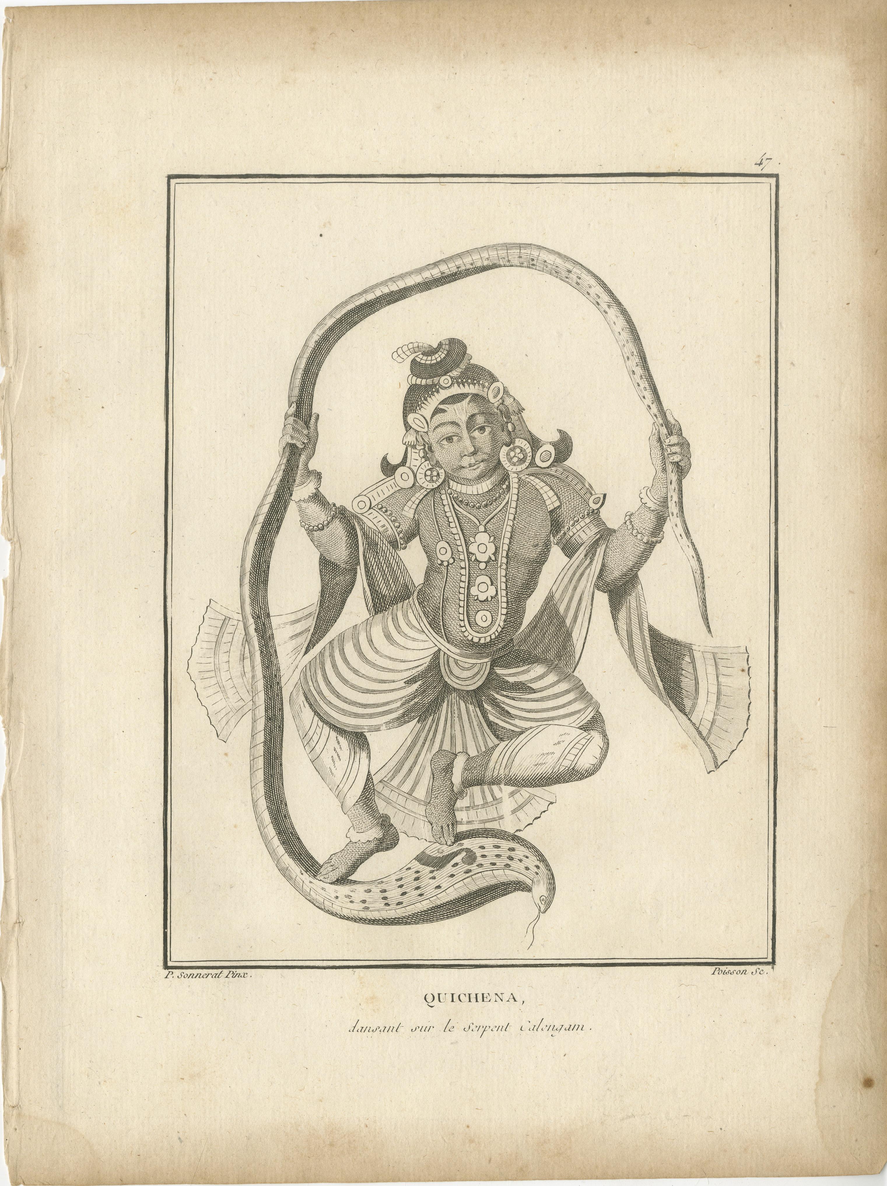 Raro grabado de 1808 sobre el triunfo de Krishna sobre la serpiente Kaliya en venta 2