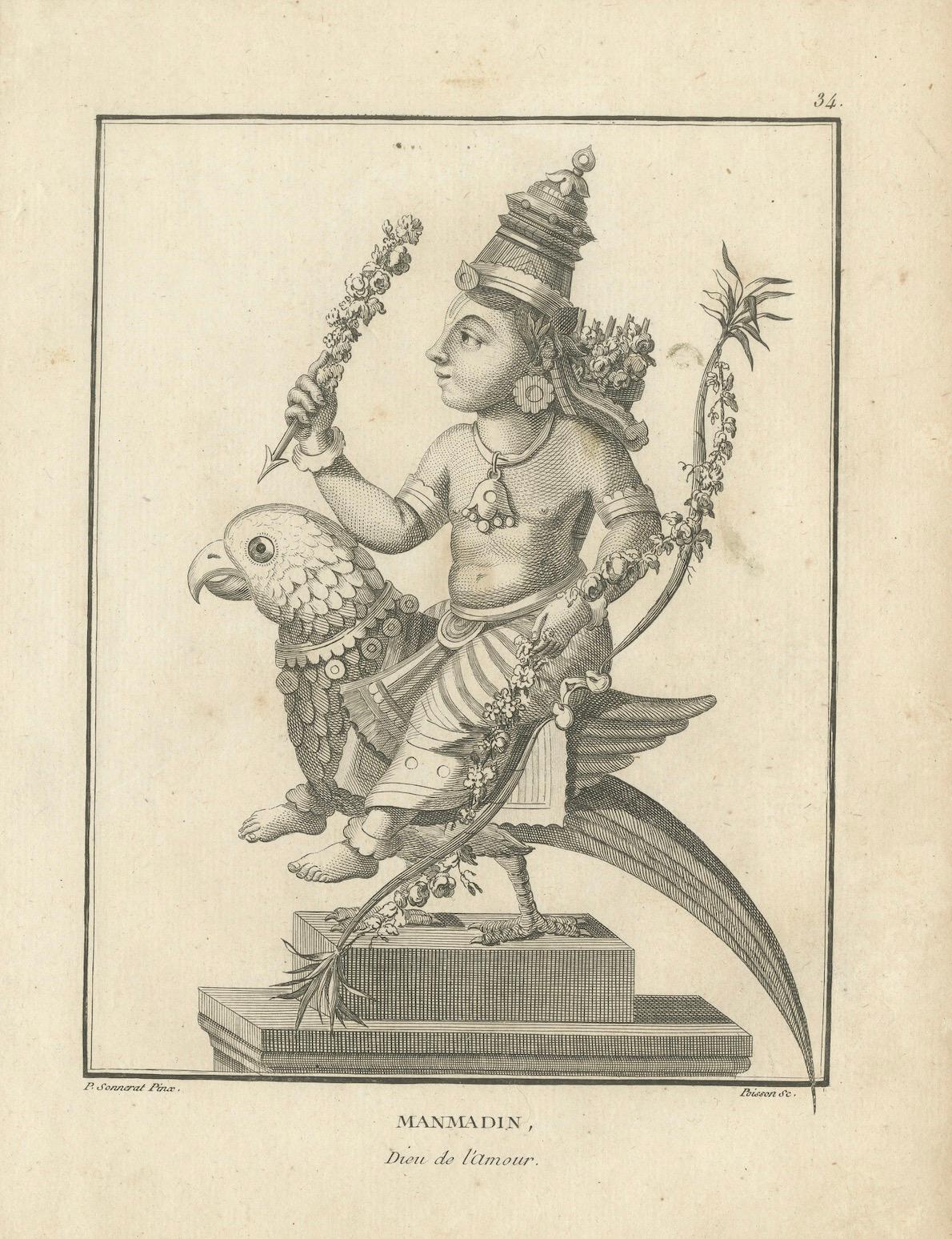 Magnifique imprimé ancien Kamadeva Love God de 1806, gravure hindoue, pièce de collection en vente 2