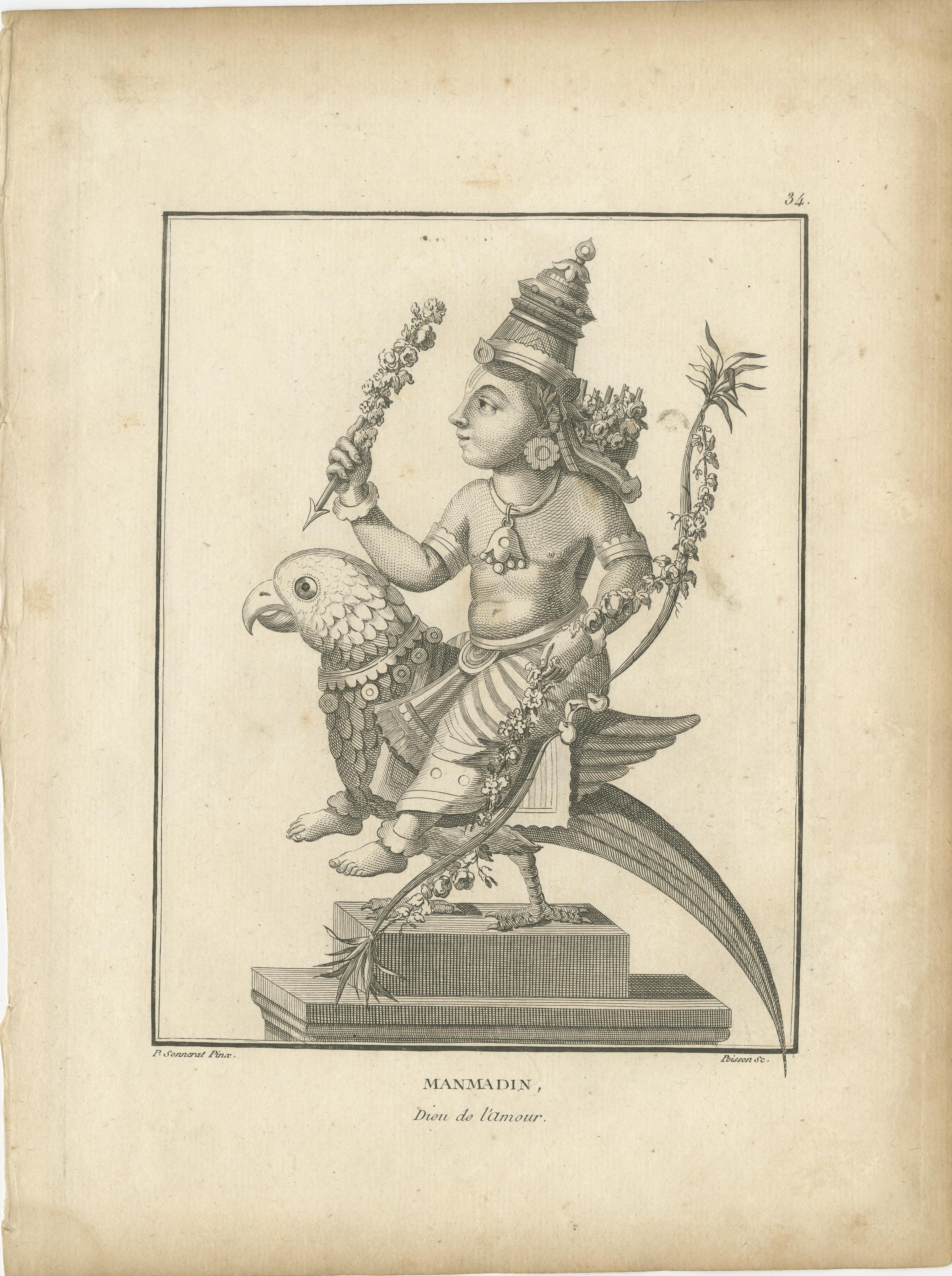 Magnifique imprimé ancien Kamadeva Love God de 1806, gravure hindoue, pièce de collection en vente 3