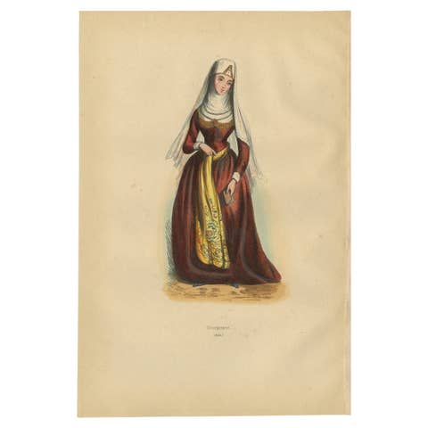 Exquisite 1844 Lithograph of Traditional Georgian Woman in Full Attire
