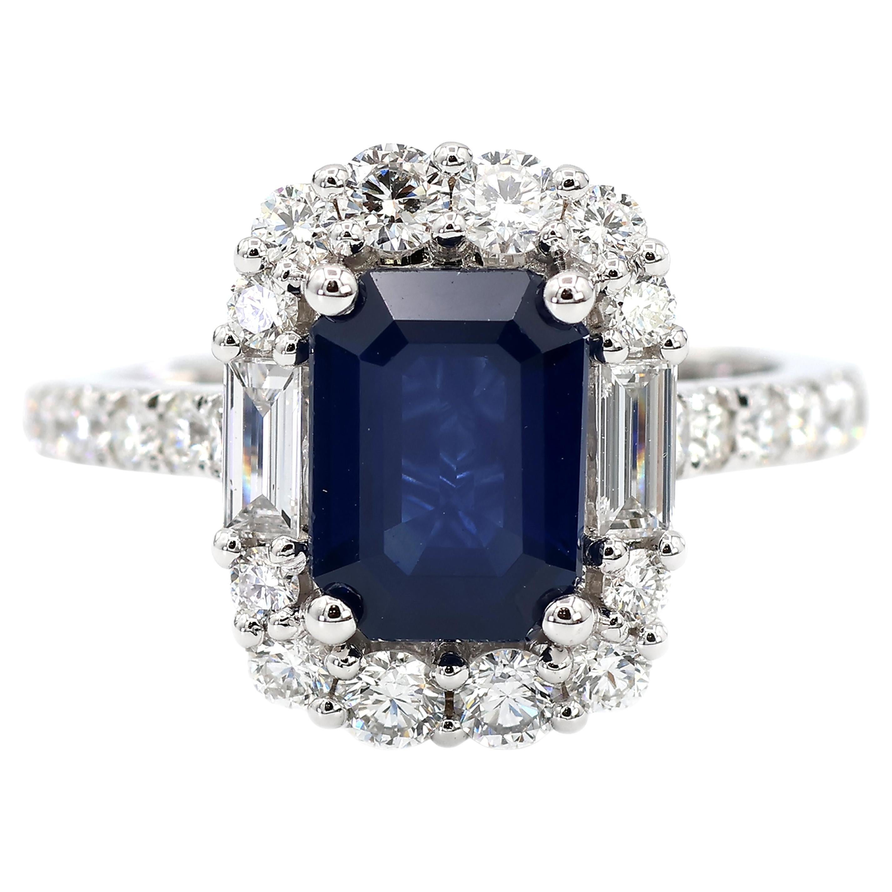 Exquisite 18K 750 White Gold Royal Blue Sapphire and Natural Diamond Ring