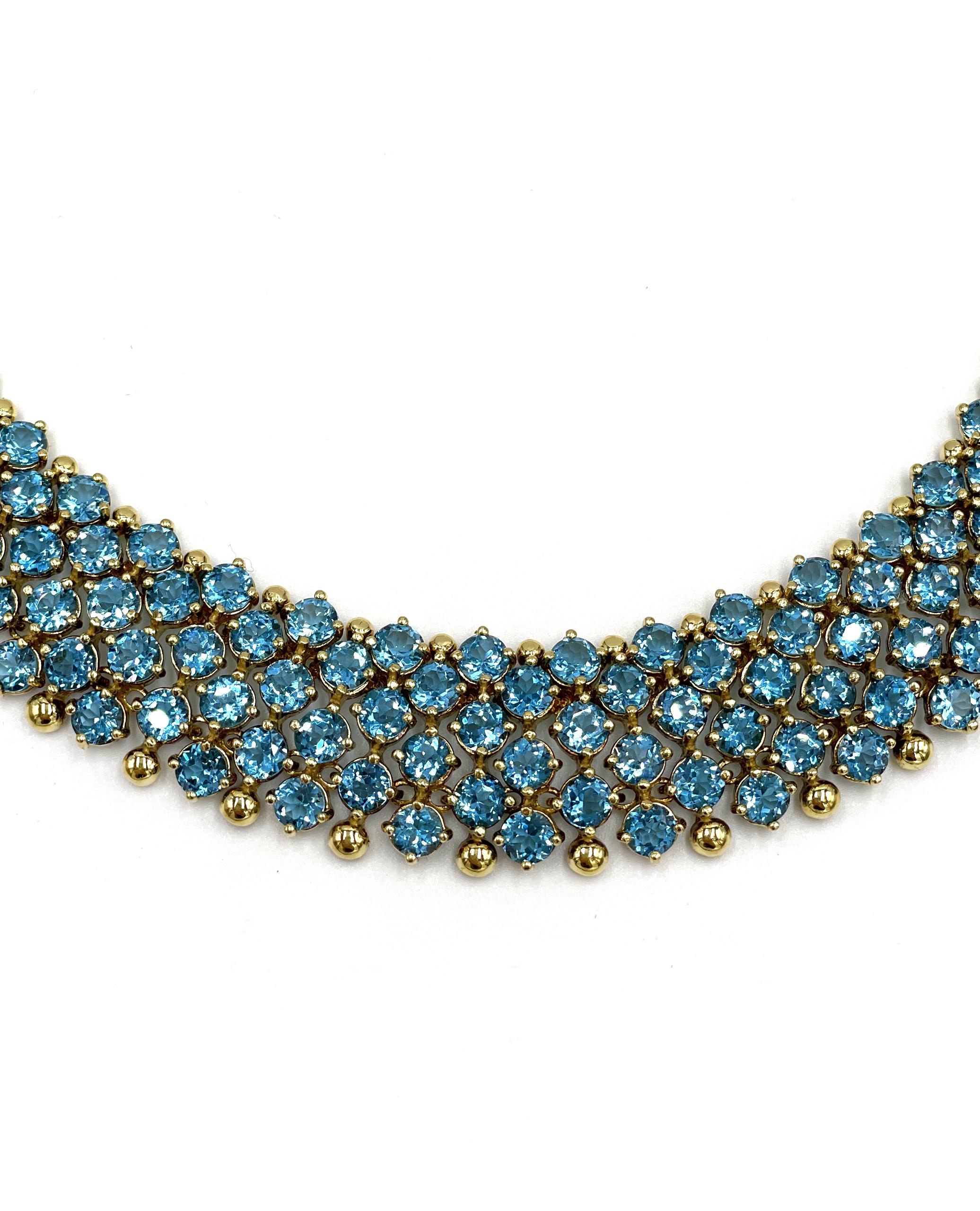 Round Cut Wide Collar Necklace 18k Yellow Gold Brilliant Cut Blue Topaz Double Safety Lock For Sale