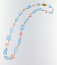 Exquisite 18K Gold 380 ct Aquamarine & 128 ct Carved Pink Tourmaline Necklace