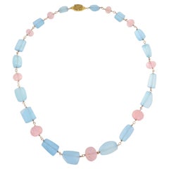 Exquisite 18K Gold 380 ct Aquamarine & 128 ct Carved Pink Tourmaline Necklace