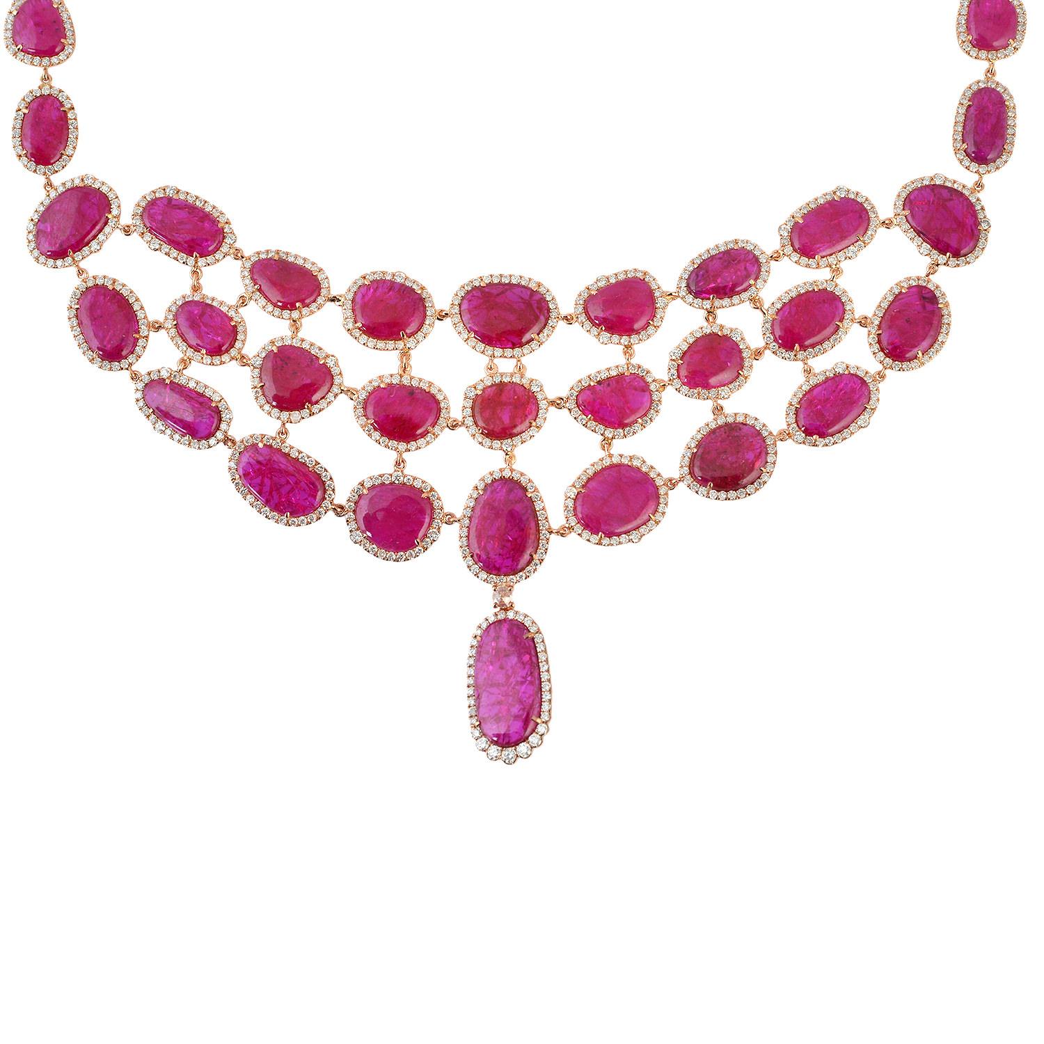 Contemporary 59.59 Carat Ruby Diamond 14 Karat Gold Choker Necklace For Sale