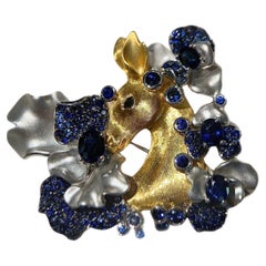 Exquisite 18K Gold Deer Brooch with Sapphires (Floral Design)
