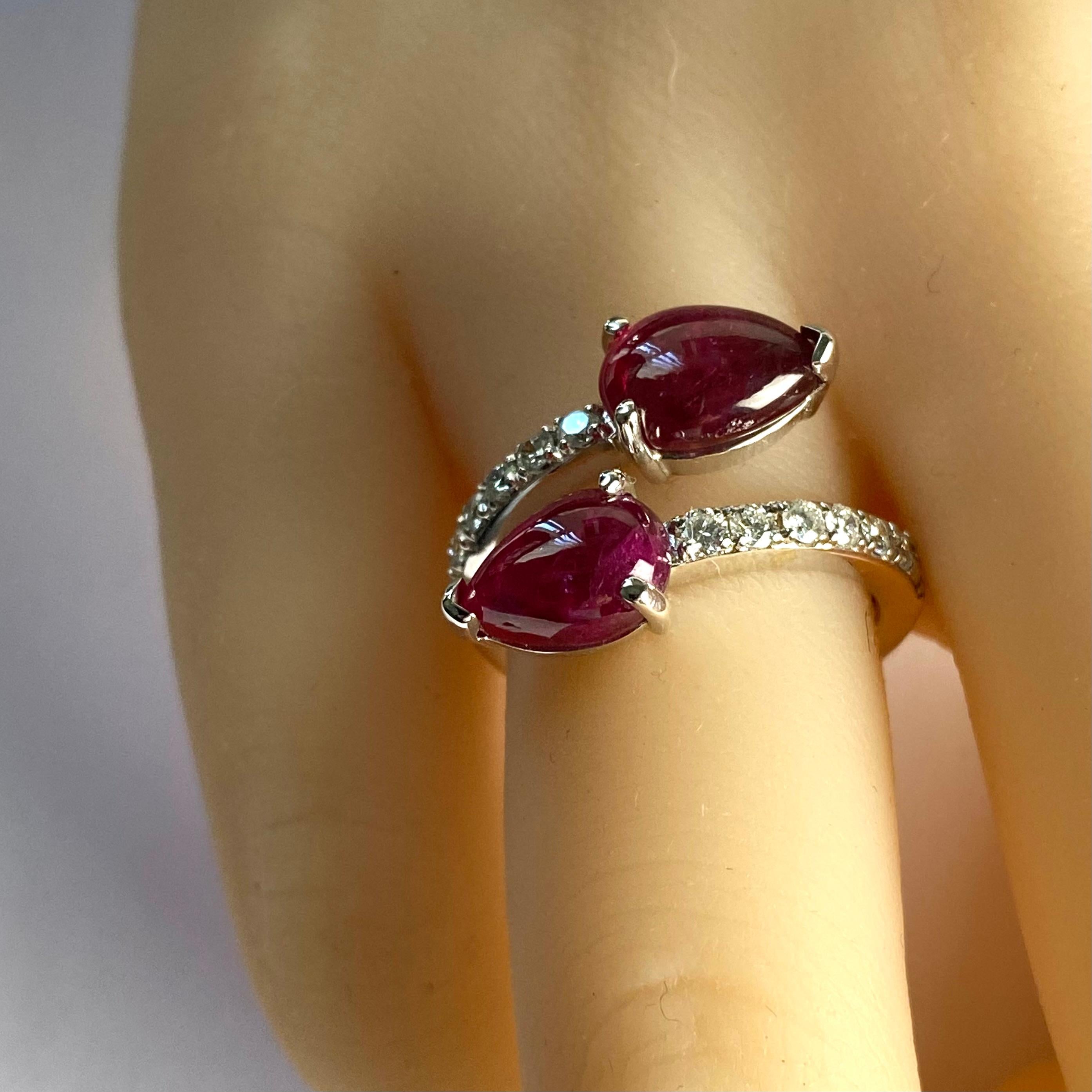Pear Cut Exquisite 18K Gold Double Split Cocktail Ring with Fine Burma Rubies and Diamond For Sale