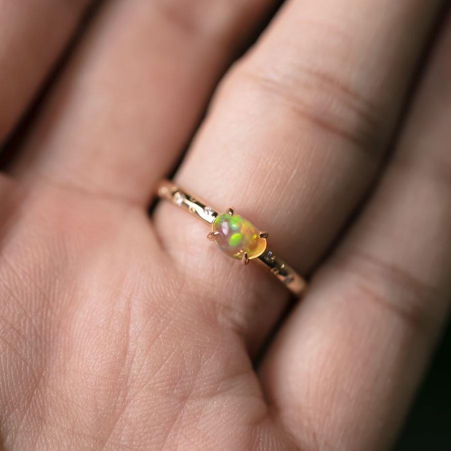 Arts and Crafts Exquisite 18K Gold Engagement Ring with Mexican Fire Opal Diamonds For Sale