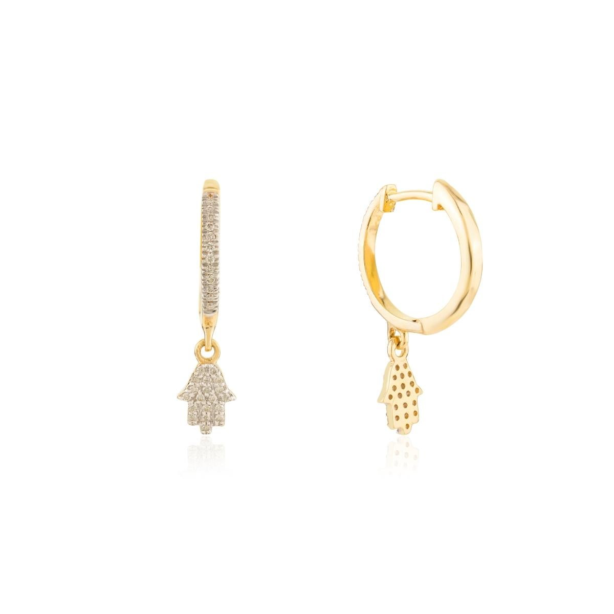 Moderne Créoles Hamsa en or jaune massif 18 carats et diamants véritables en vente