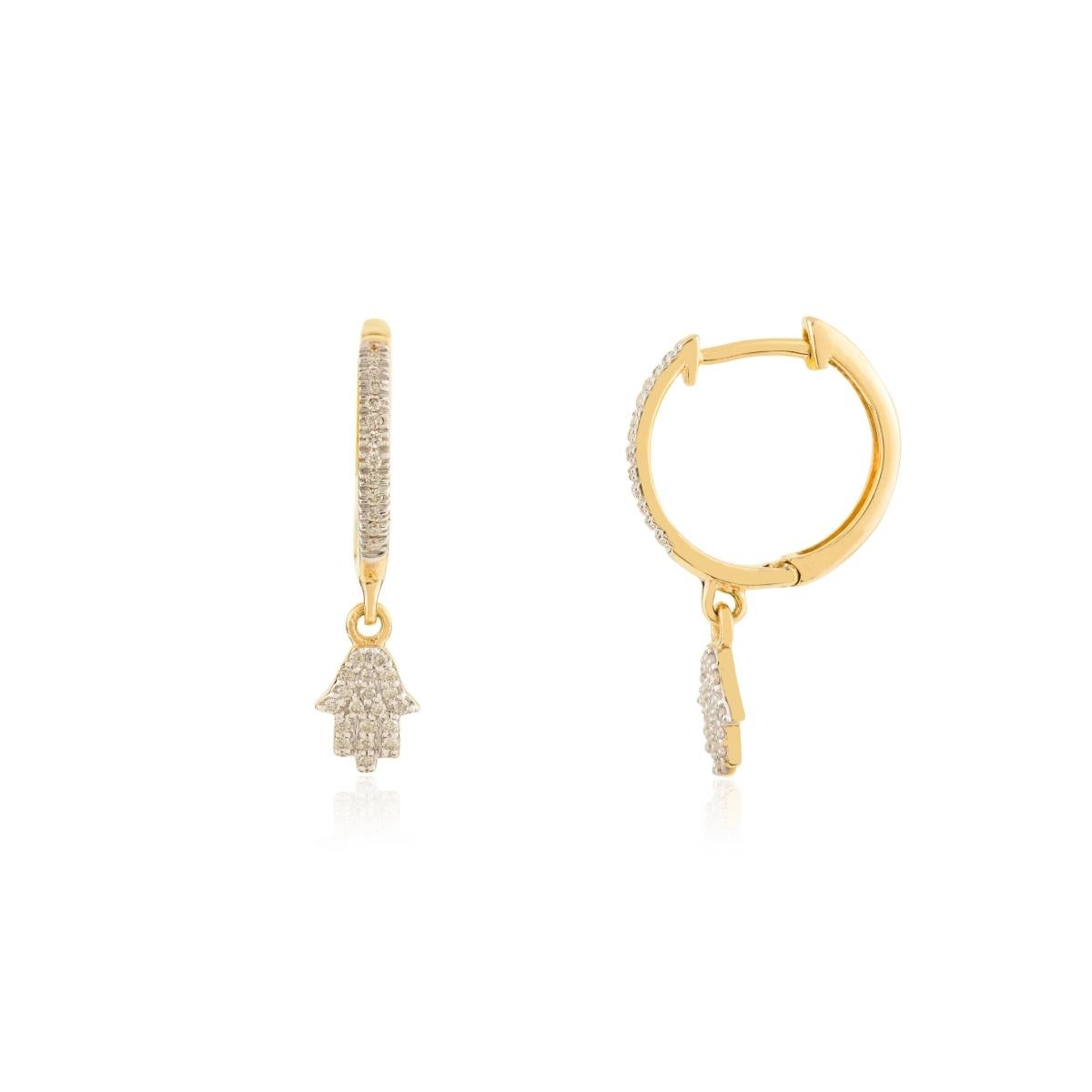 Créoles Hamsa en or jaune massif 18 carats et diamants véritables en vente 1