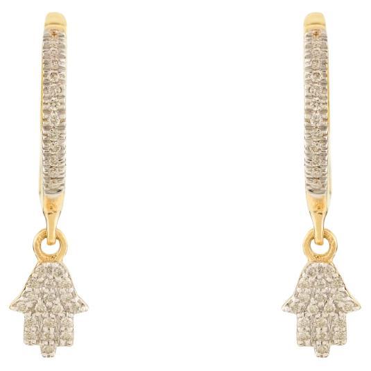 Exquisite 18k Solid Yellow Gold Genuine Diamond Hamsa Charm Hoop Earrings