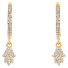 Exquisite 18k Solid Yellow Gold Genuine Diamond Hamsa Charm Hoop Earrings