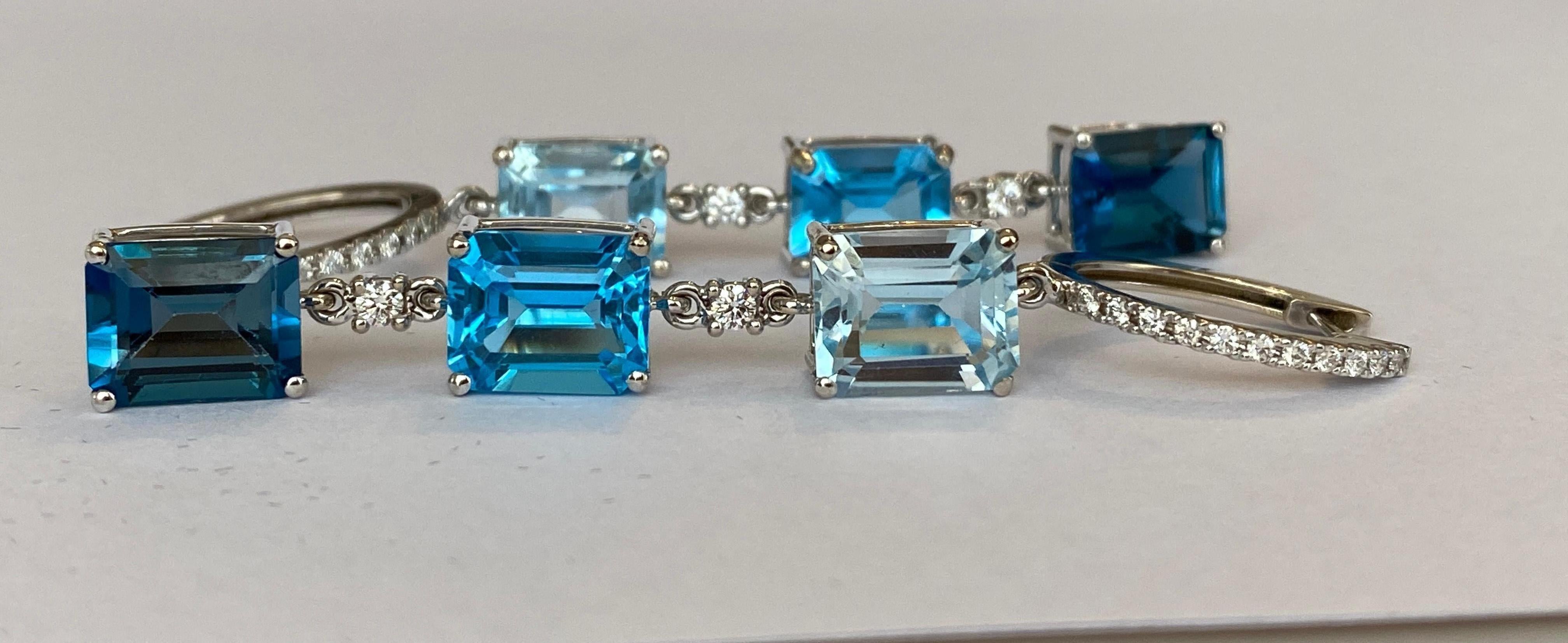 Squisiti orecchini pendenti in oro bianco 18 carati e diamanti con topazio blu da 22,45 carati in vendita 6