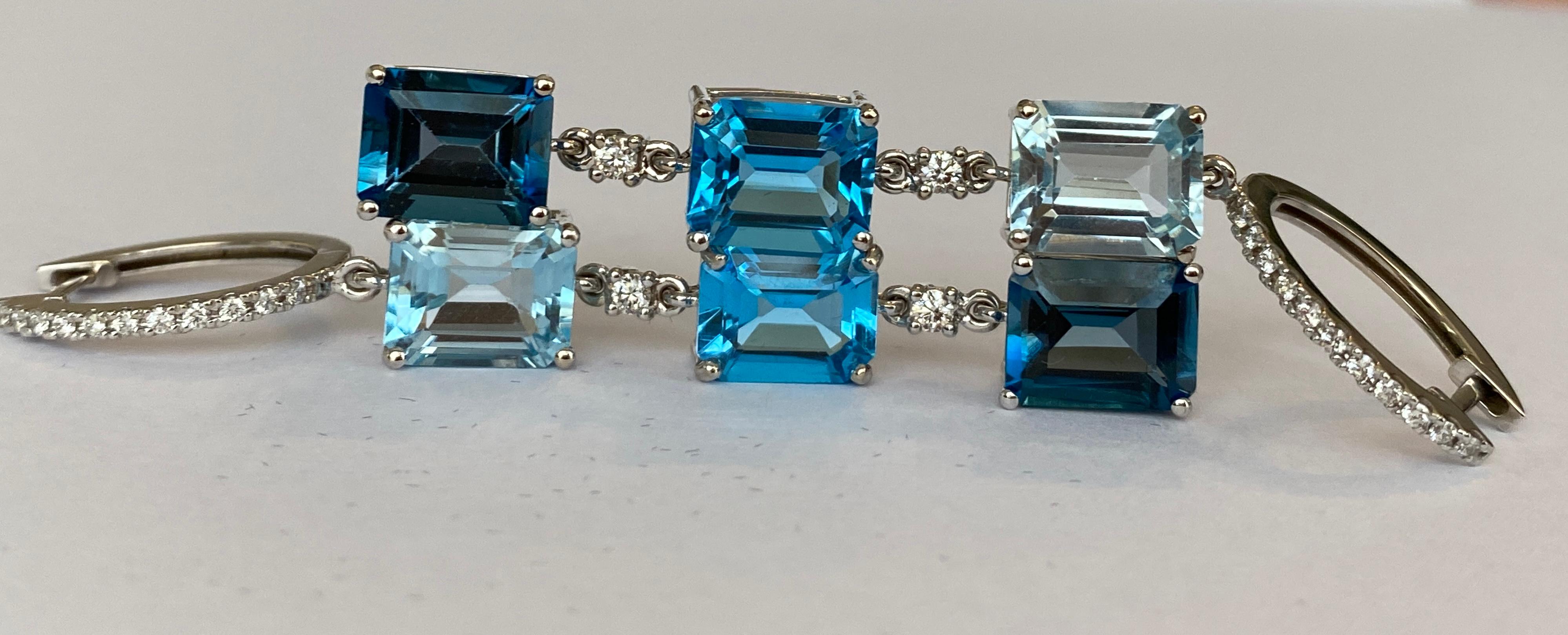 Squisiti orecchini pendenti in oro bianco 18 carati e diamanti con topazio blu da 22,45 carati in vendita 7