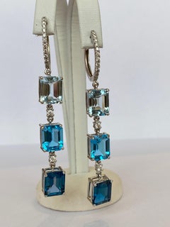 Exquisite 18K White Gold 22.45 Carat Blue Topaz & Diamond Dangle Earrings