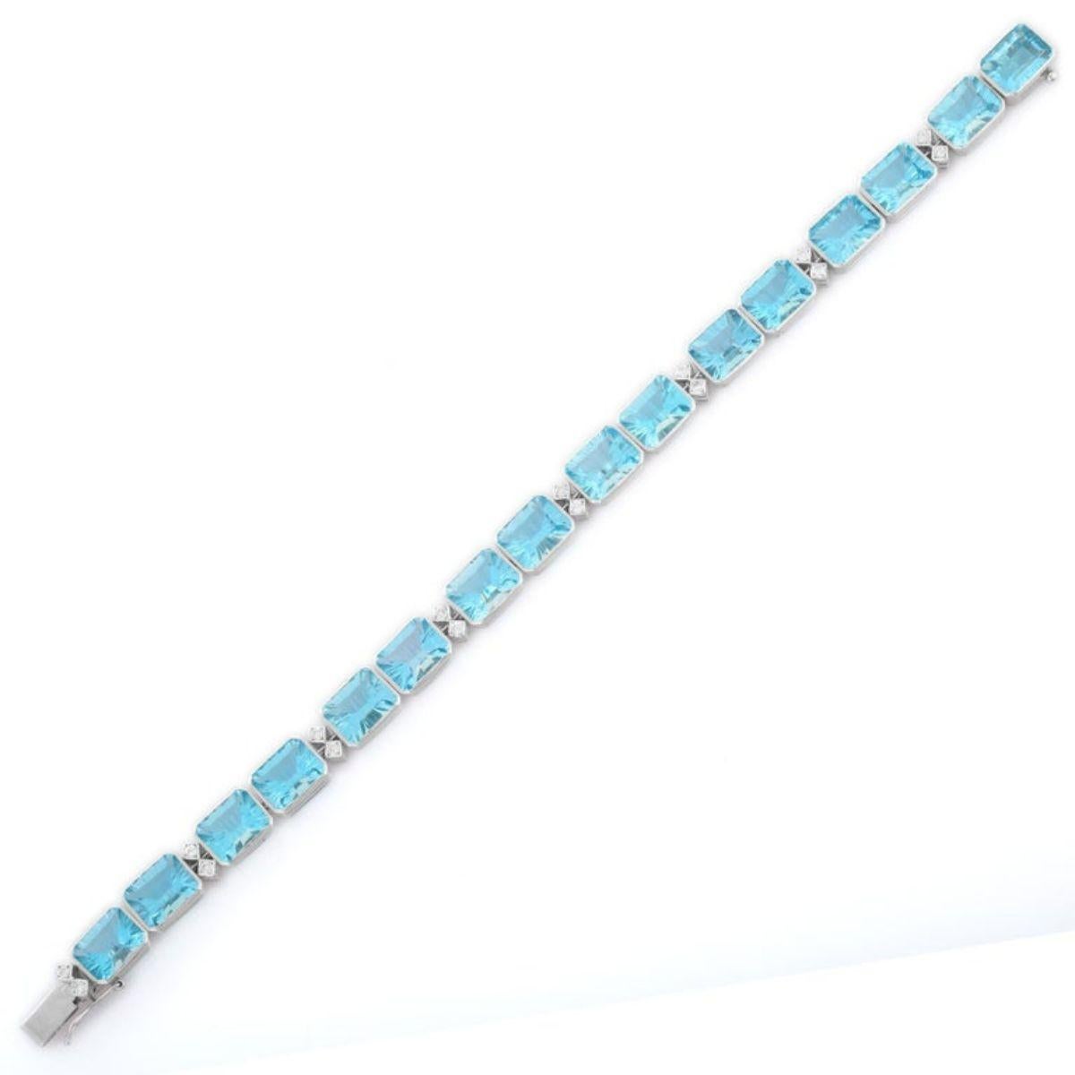 Octagon Cut Exquisite 18k White Gold Diamond and Fine Cut 40Carat Blue Topaz Tennis Bracelet For Sale