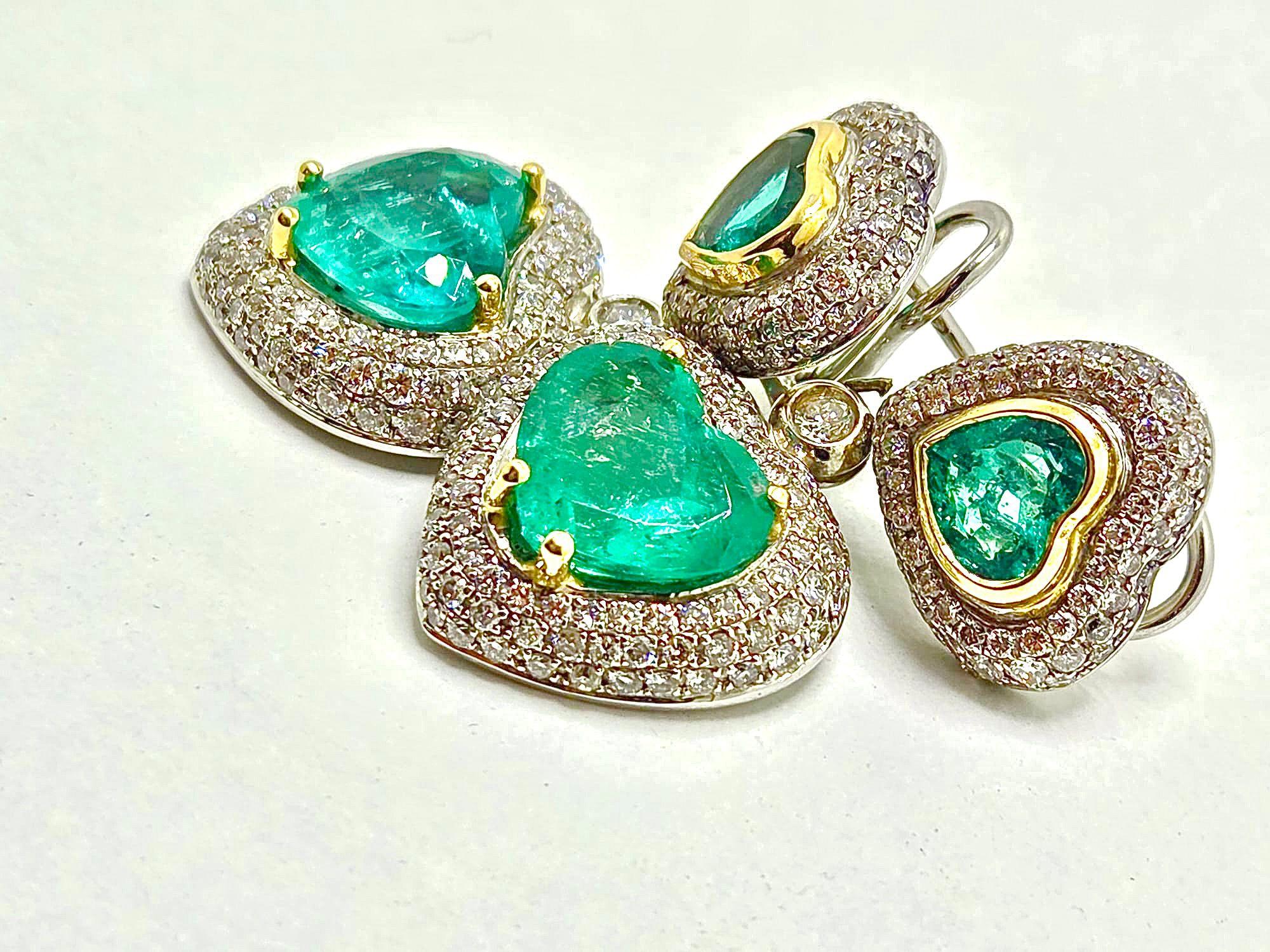 Boucles d'oreilles en or 18 carats avec émeraudes et diamants en forme de cœur en vente 5