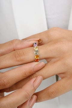18k White Gold Unique Pear Multi Color Sapphire Band Ring Gift for Women