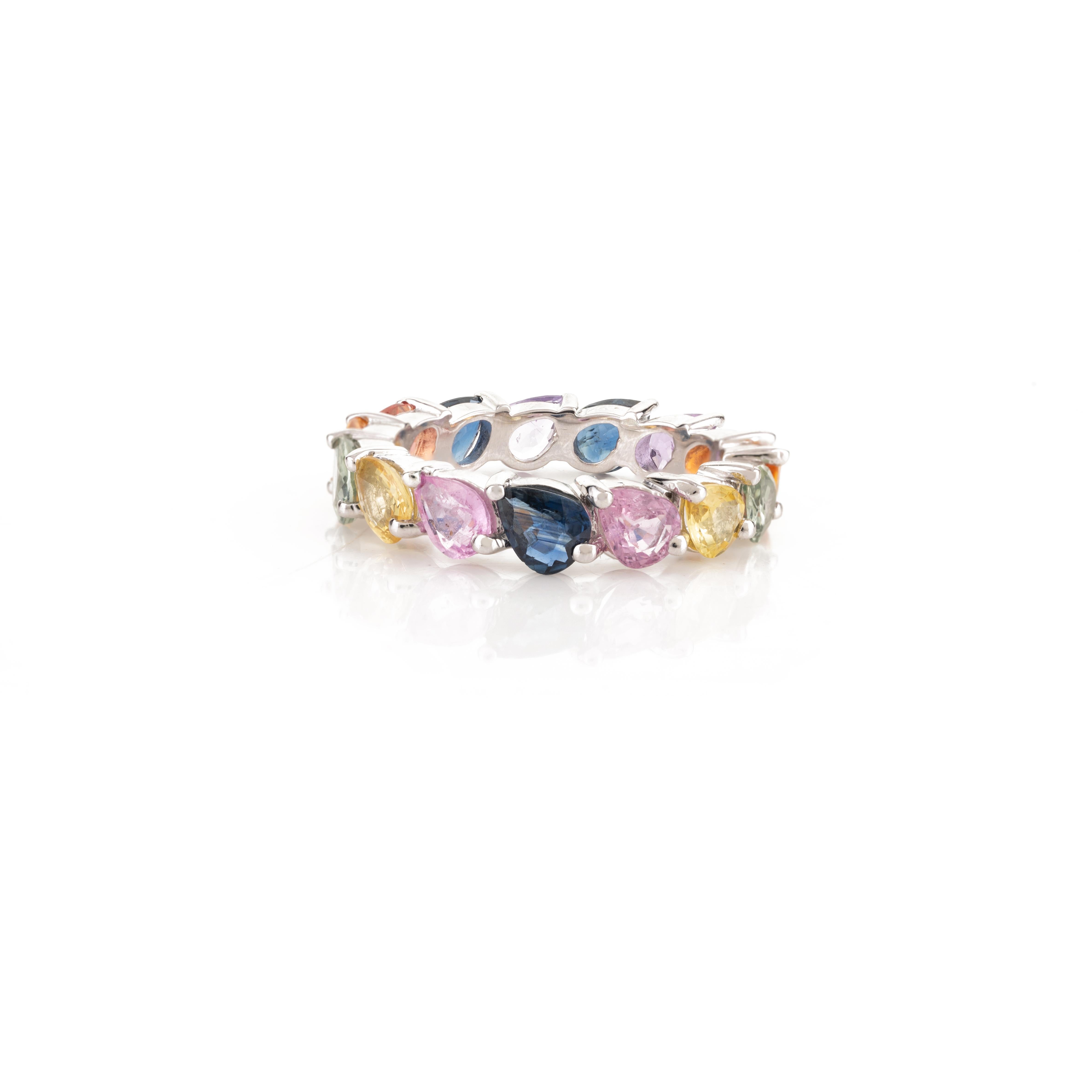 For Sale:  18k White Gold Unique Pear Multi Color Sapphire Band Ring Gift for Women 3