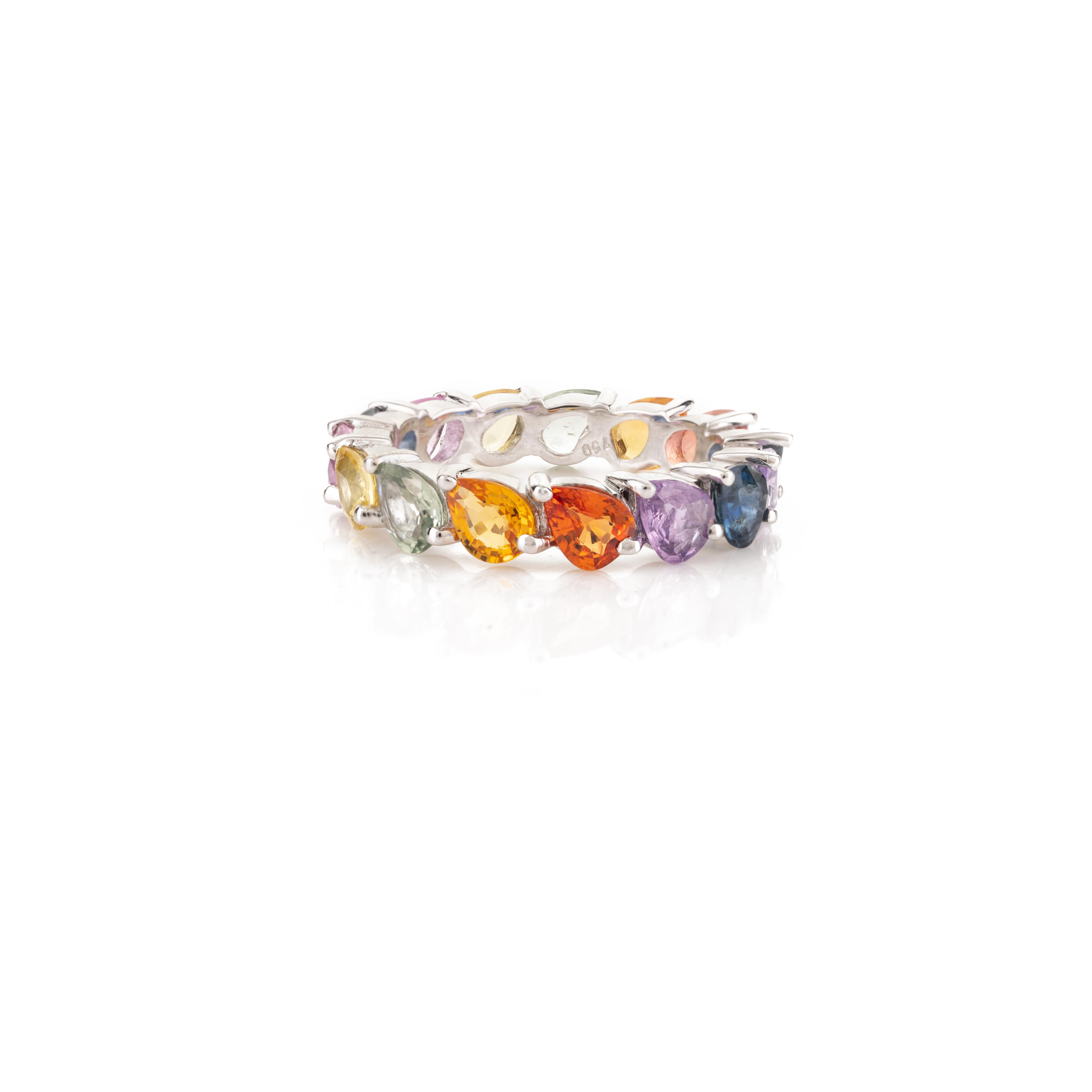 For Sale:  18k White Gold Unique Pear Multi Color Sapphire Band Ring Gift for Women 5