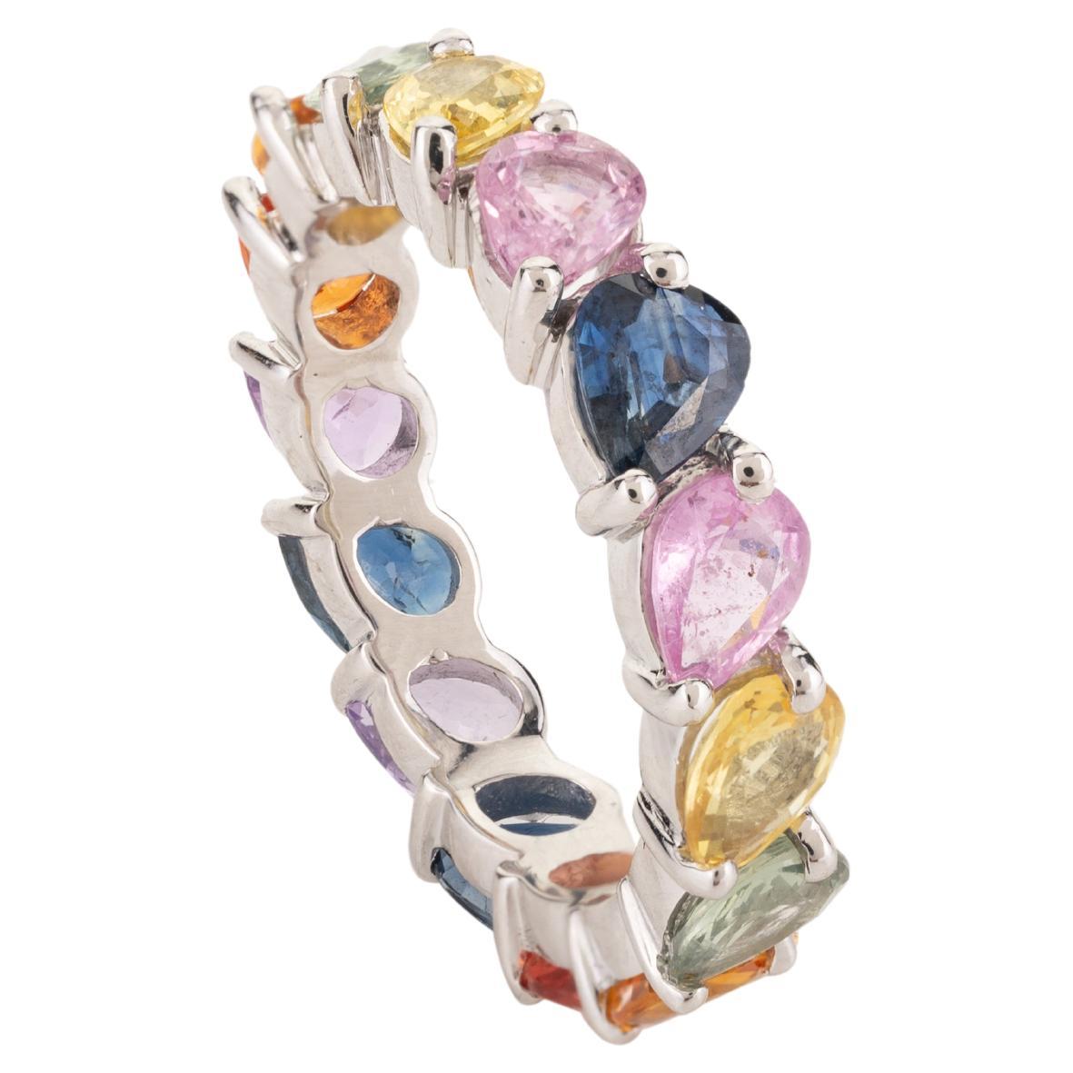 18k White Gold Unique Pear Multi Color Sapphire Band Ring Gift for Women