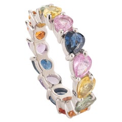 Bague jonc unique en or blanc 18 carats avec saphirs multicolores en forme de poire pour femmes